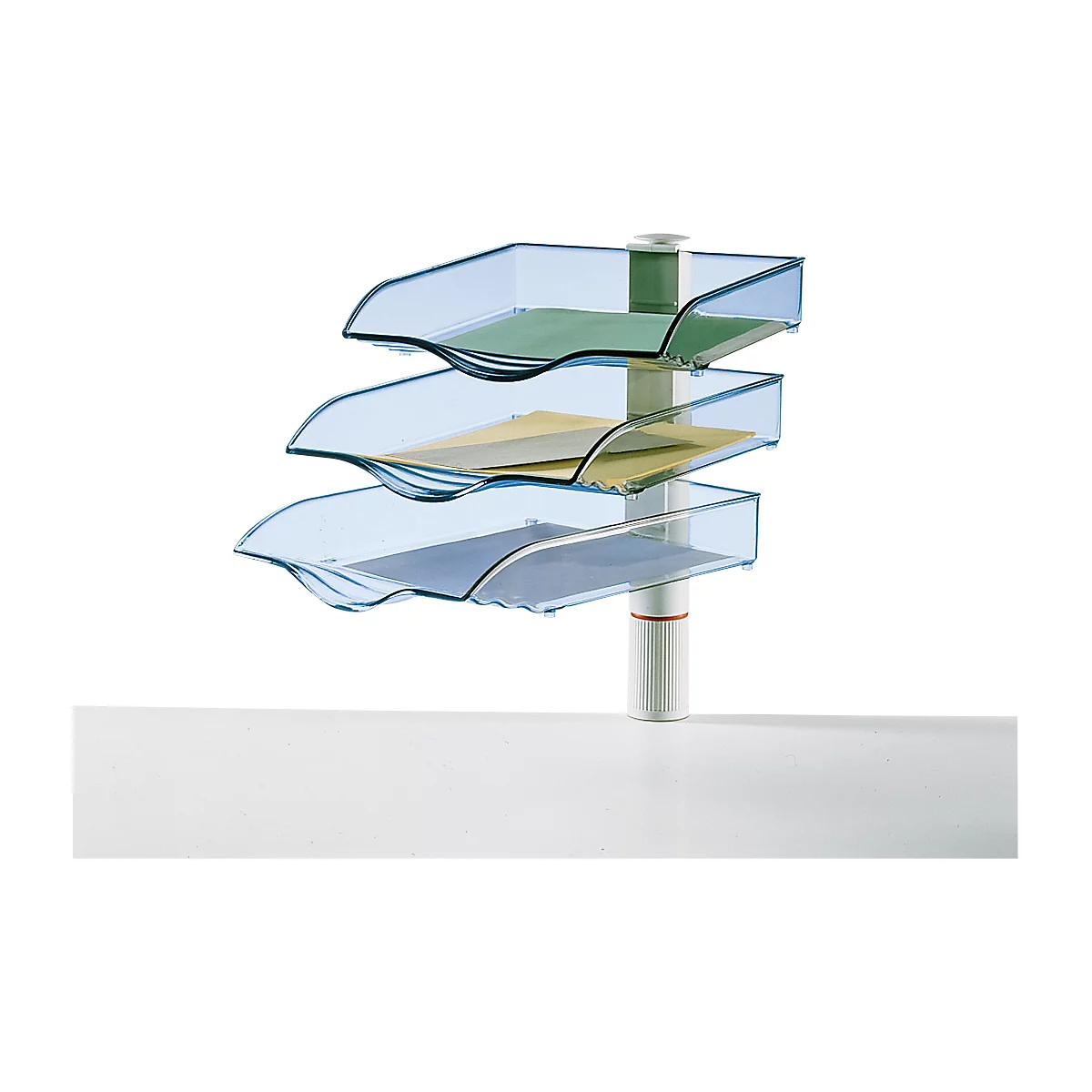 Triple tray in blue, with colored papers. On a white table, white holder.