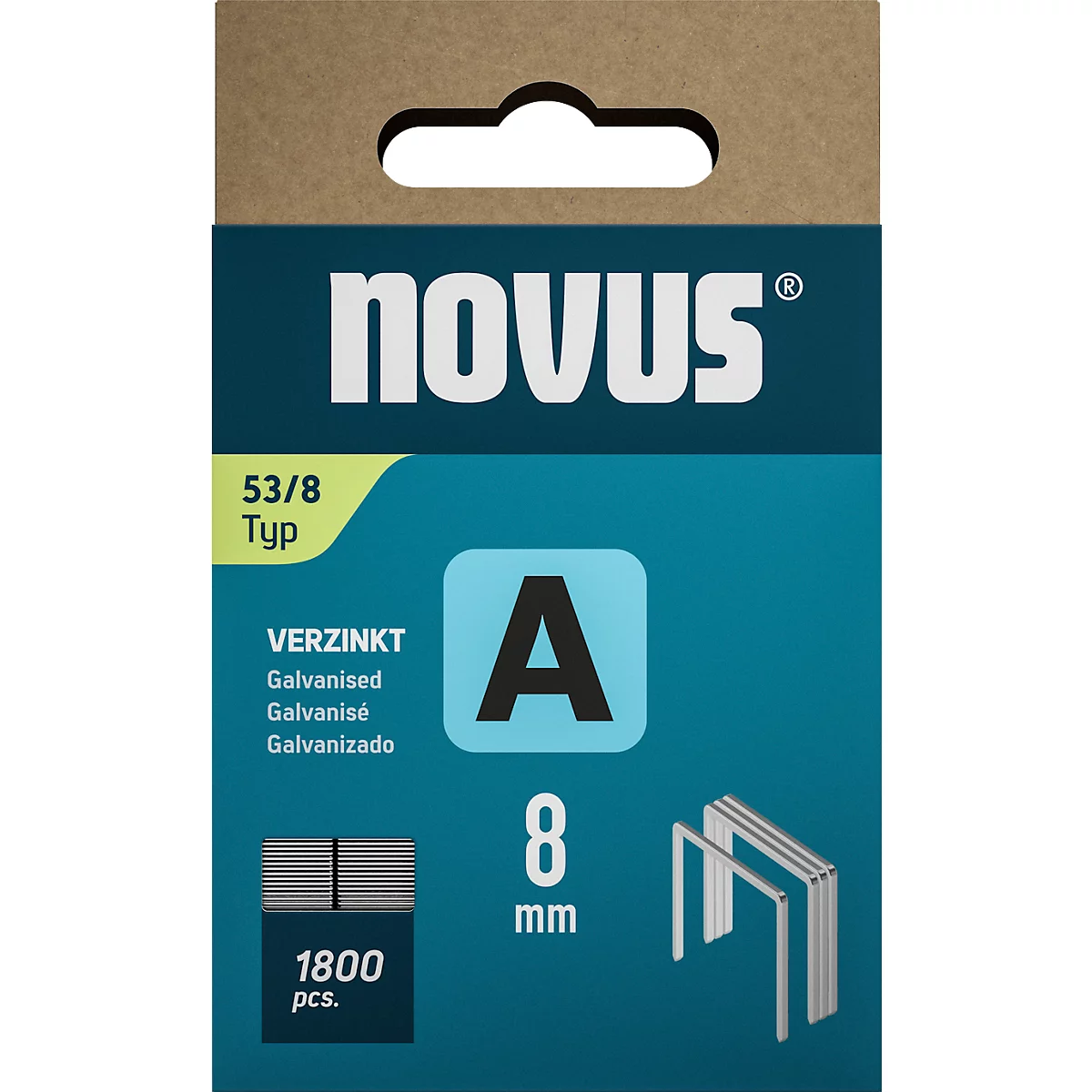 Produktverpackung mit Heftklammern, Beschriftung: Novus, 8 mm, 1800 Stück.