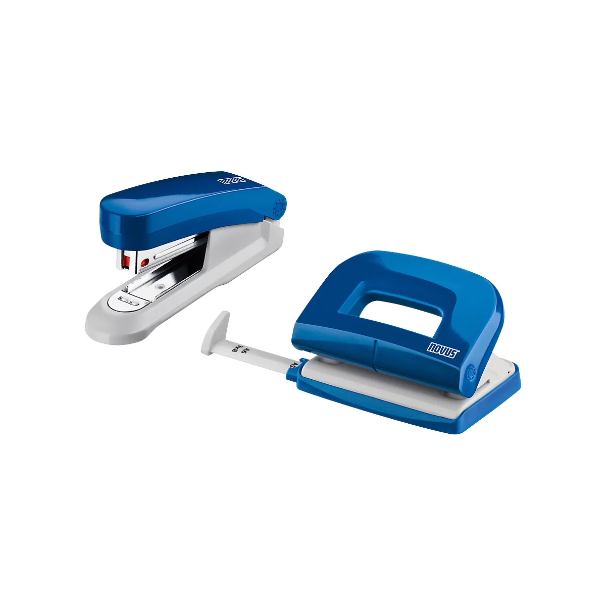 A stapler and a hole punch in blue and white. The hole punch has the inscription "NOVUS".