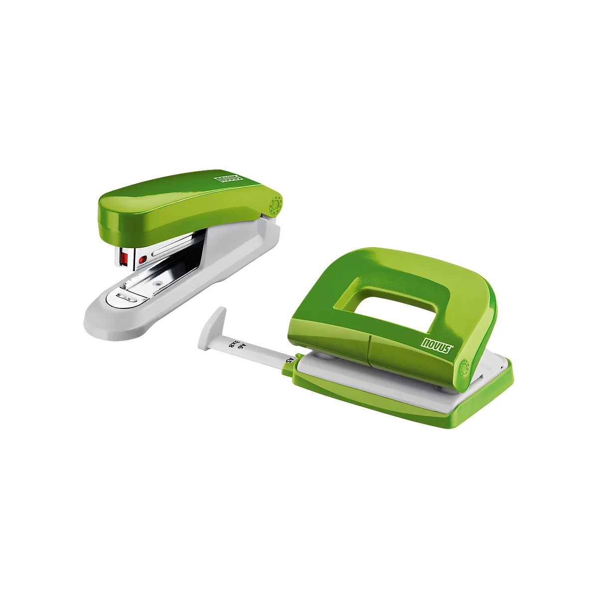 Two office supplies: a green stapler and a green hole punch with a white body.