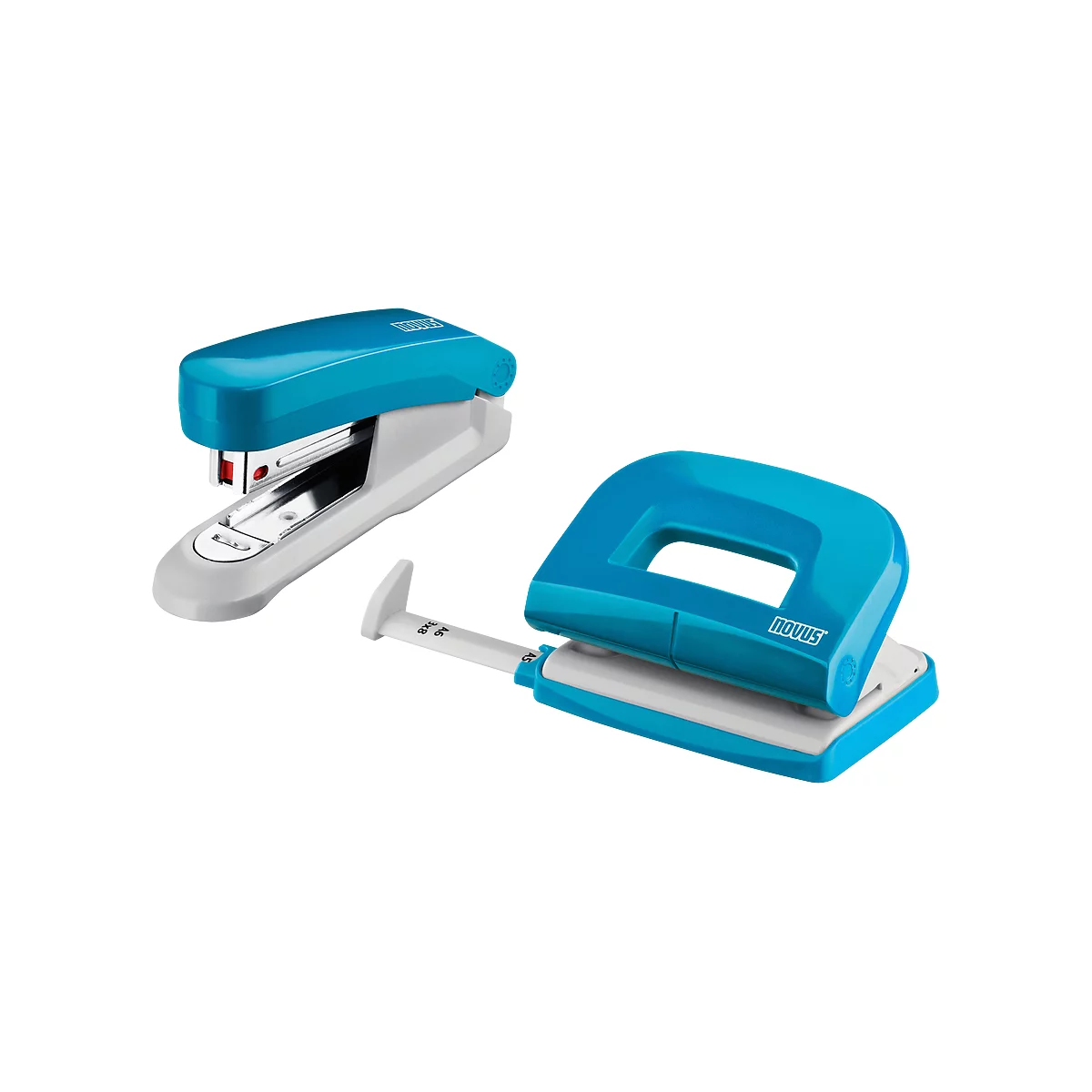 Stapler and punch in blue and grey on white background.