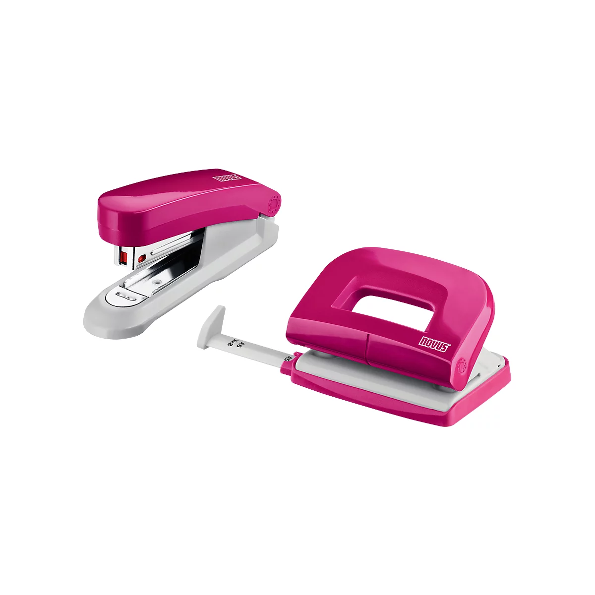 A pink stapler and a hole punch lie next to each other. Both have white elements.