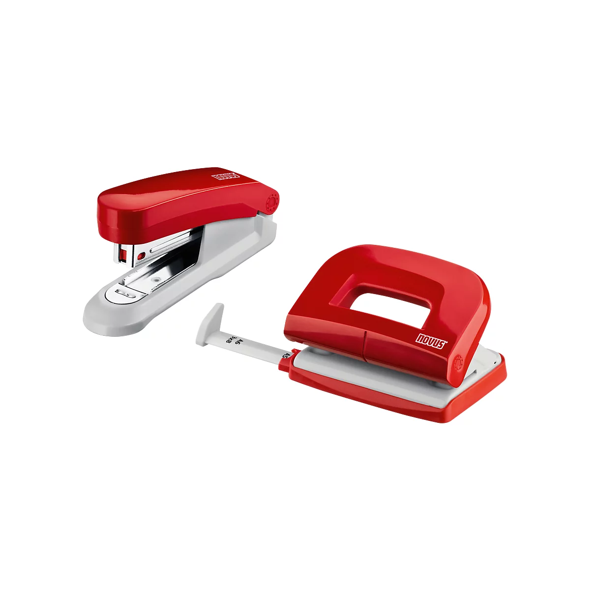 Red stapler and hole punch on white background. Both have the word NOVUS.