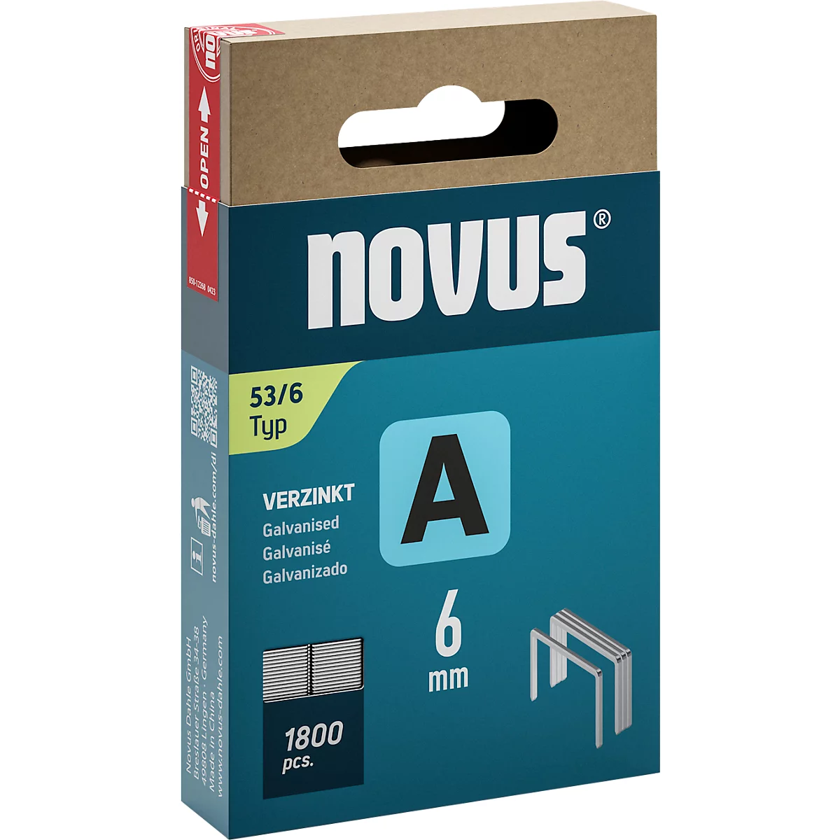 Een blauwe doos nietjes, met de tekst Novus, A en 6 mm. Onderaan staat 1800 stuks.