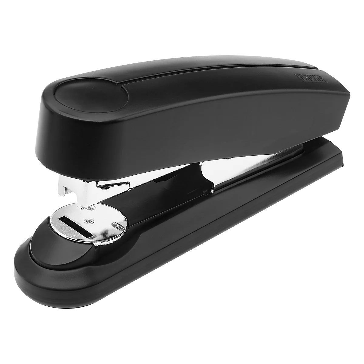 Black stapler on white background, with metal elements.