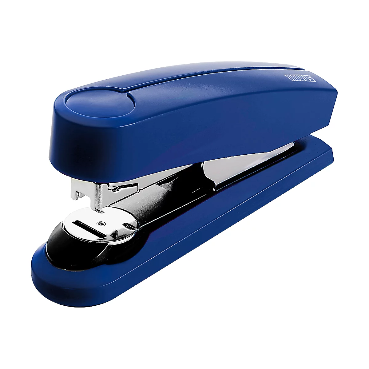 Blue stapler, metallic shine, on a white background. The device is slightly tilted and shows the staples.
