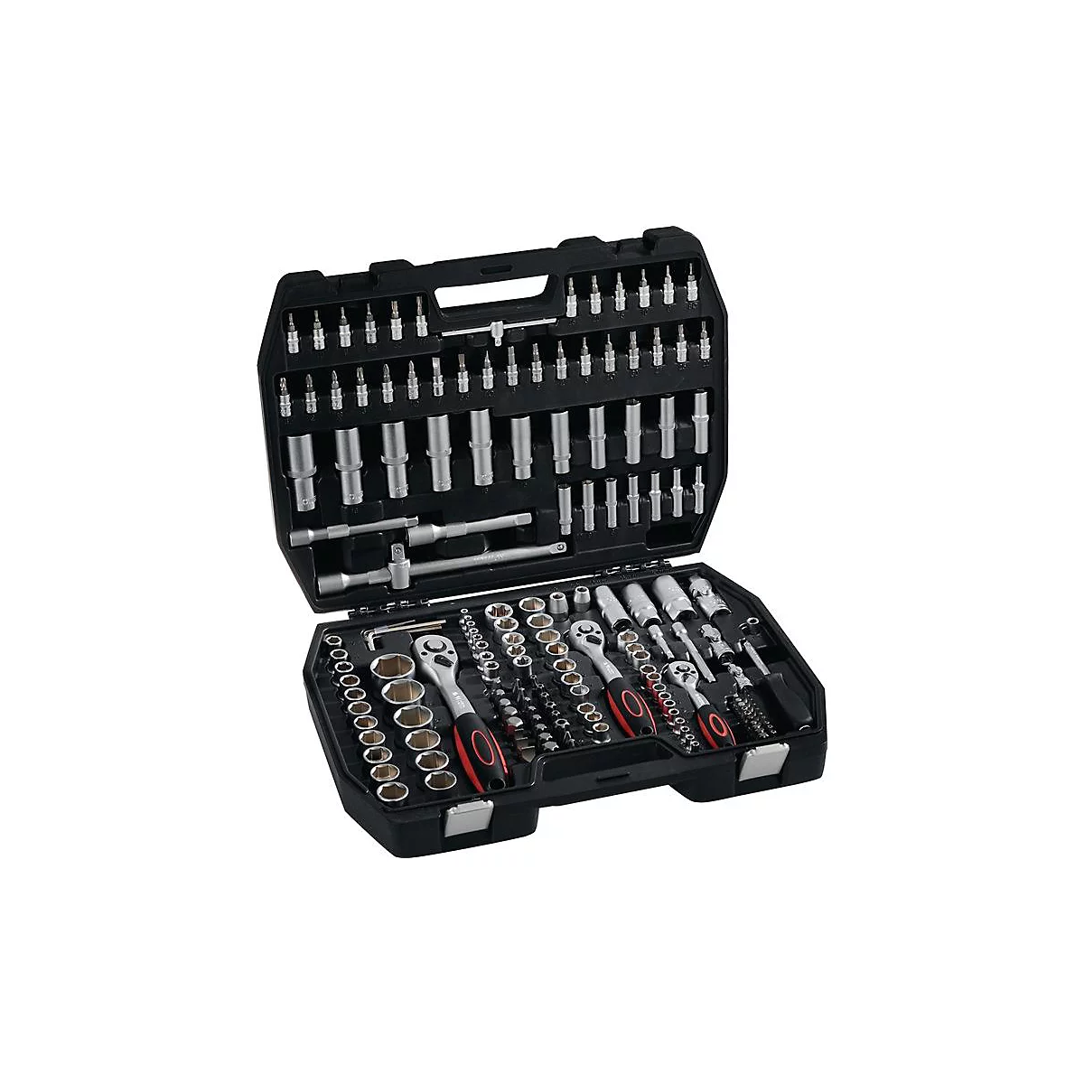 Boîte à outils noire avec divers outils tels que des clés et des embouts.
