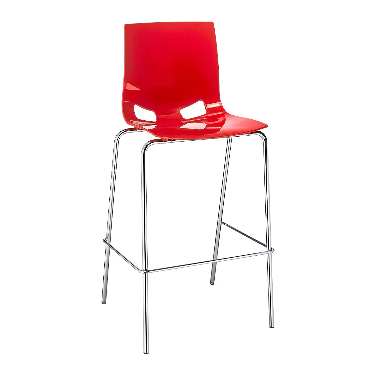 Roter Barhocker aus Kunststoff mit Chromgestell.