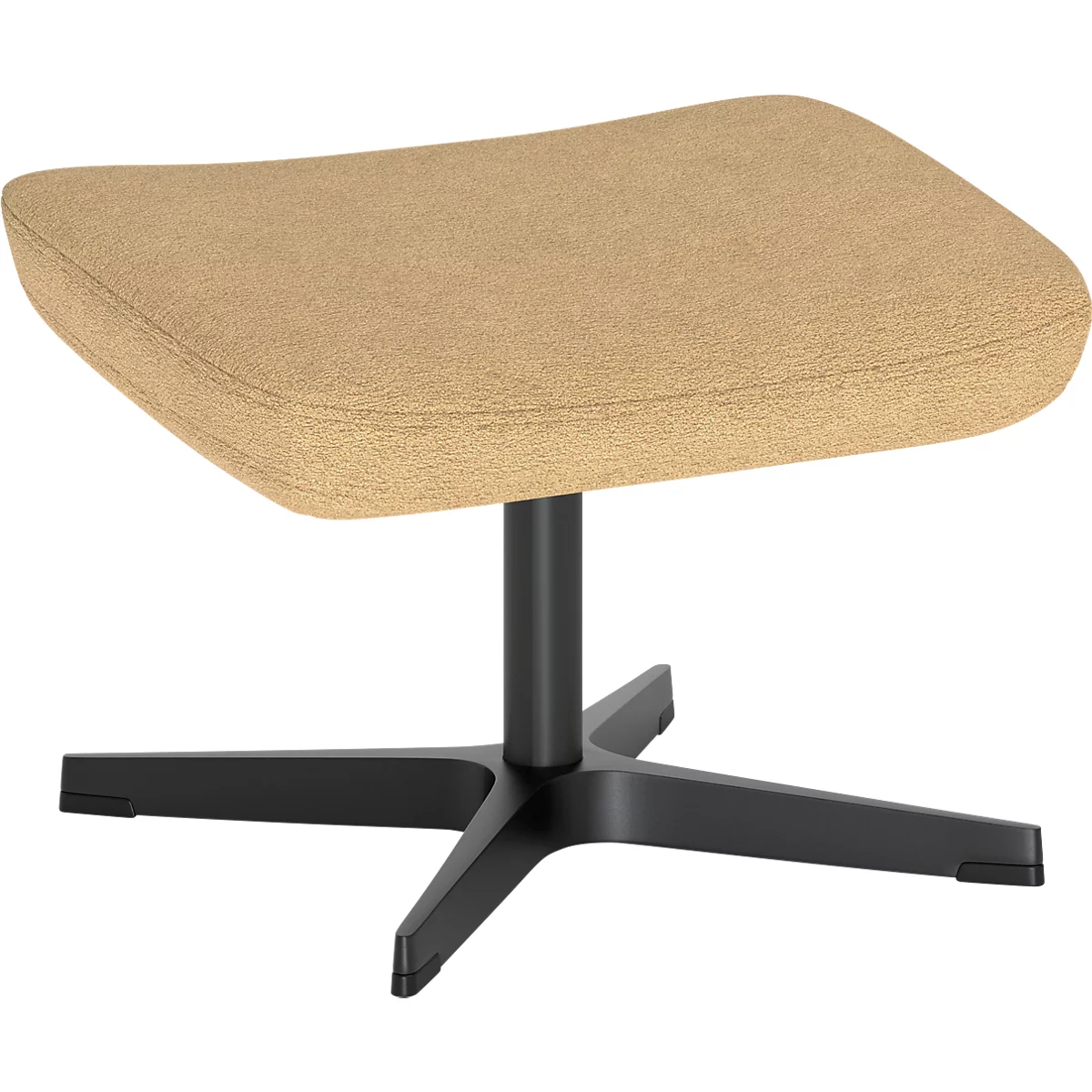 Beige gestoffeerde hocker met zwart kruisvoet onderstel op een witte achtergrond.