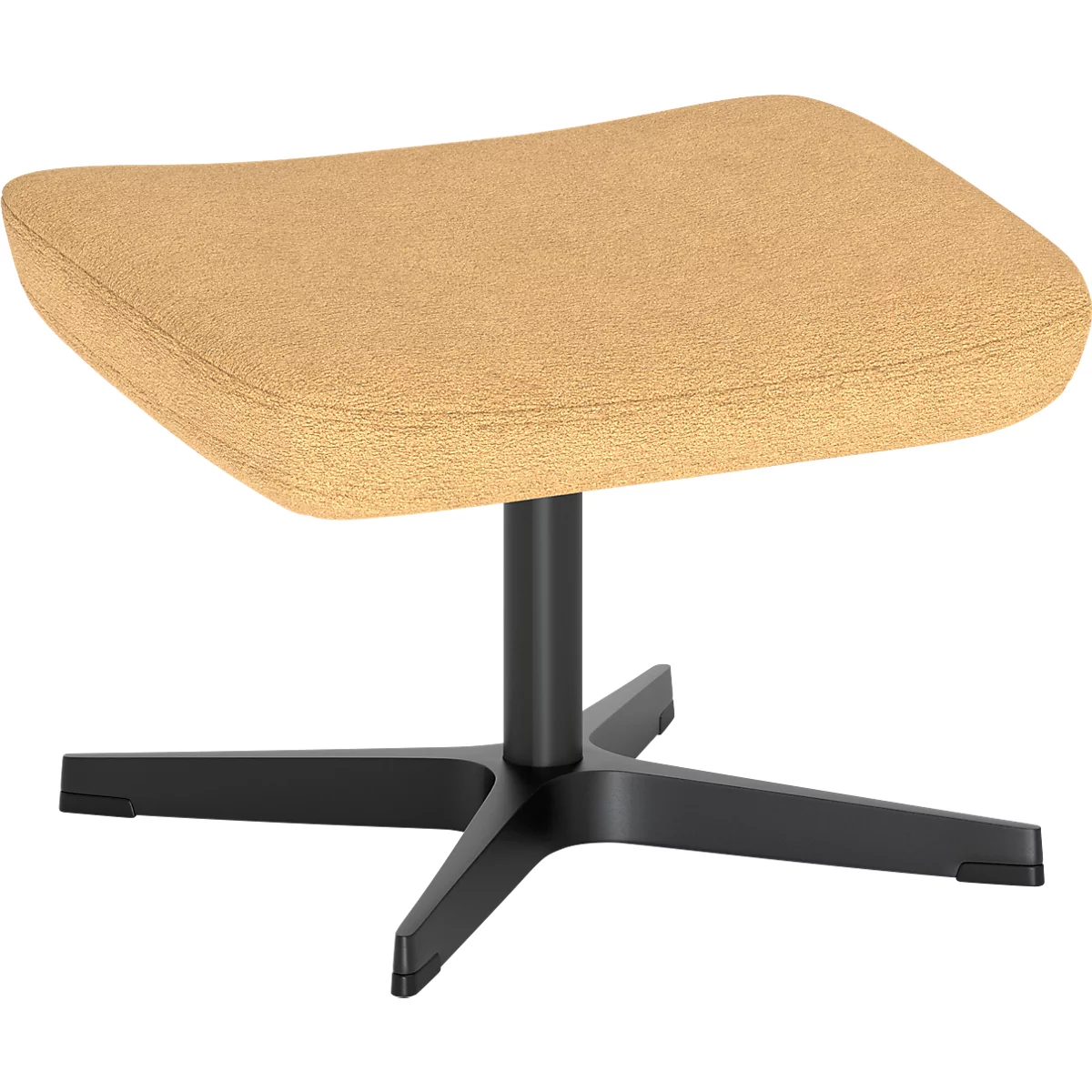 Beige gepolsterter Hocker mit schwarzem Kreuzfußgestell auf weißem Hintergrund.