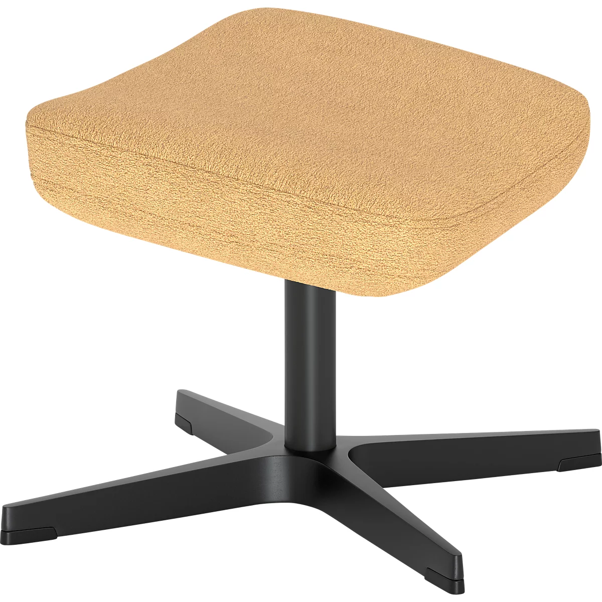 Beige gepolsterter Hocker mit schwarzem Kreuzfußgestell auf weißem Hintergrund.