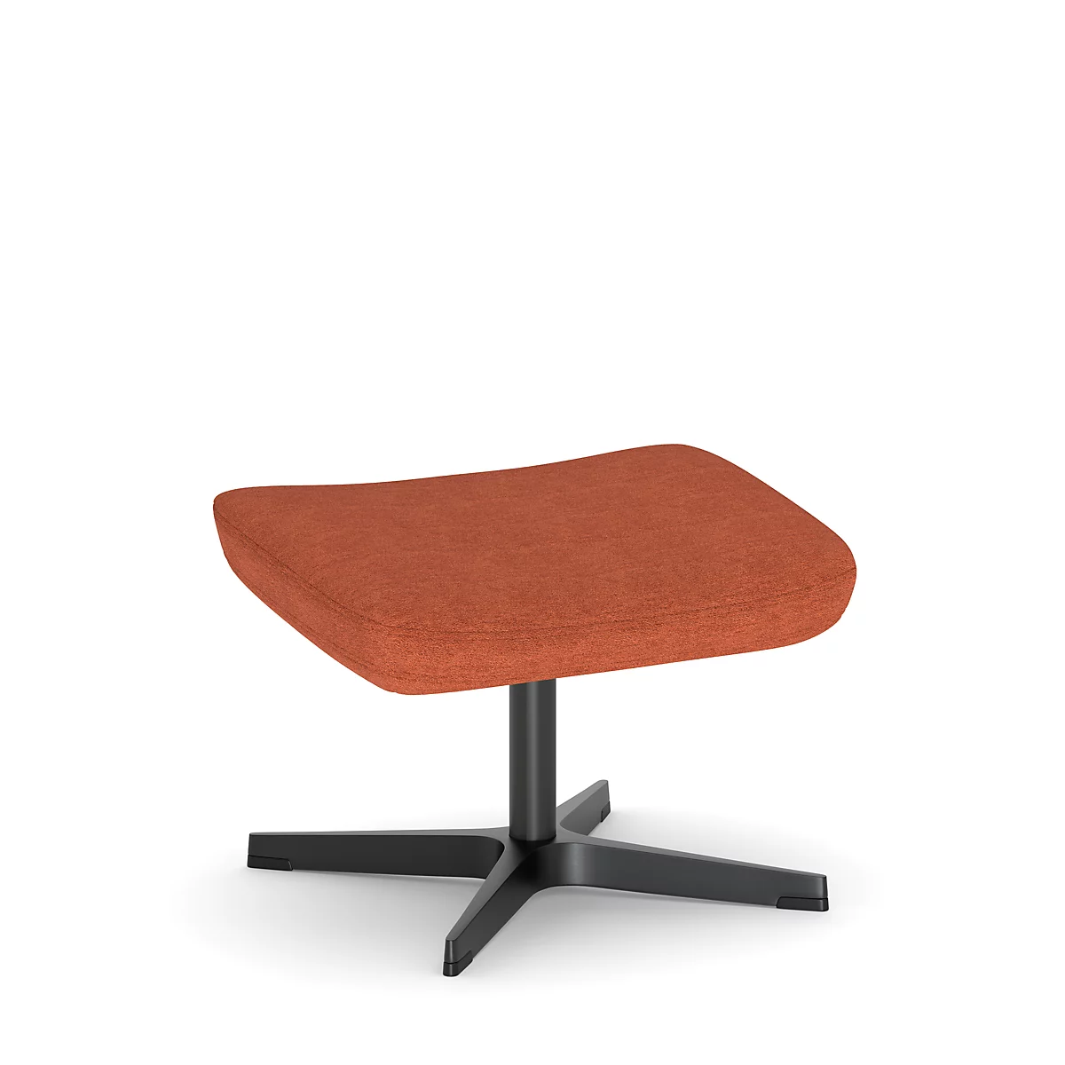 Ein orangefarbener Hocker mit schwarzem Metallfuß auf weißem Hintergrund.