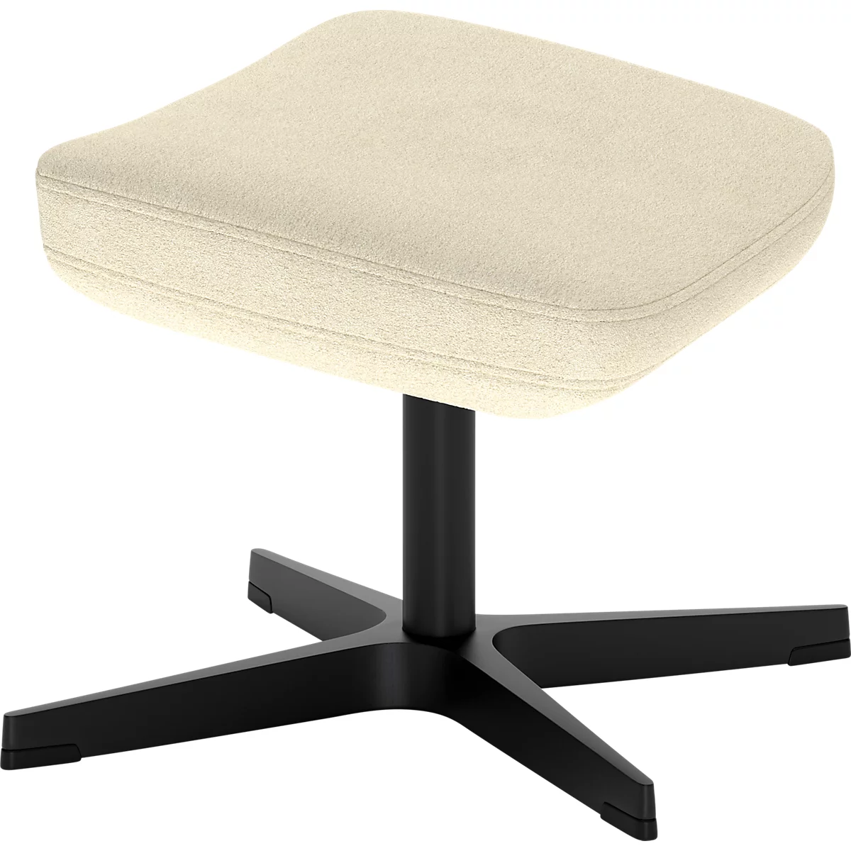 Beiger Fußhocker mit quadratischer Polsterung auf einem schwarzen Vierfuß-Gestell vor weißem Hintergrund.