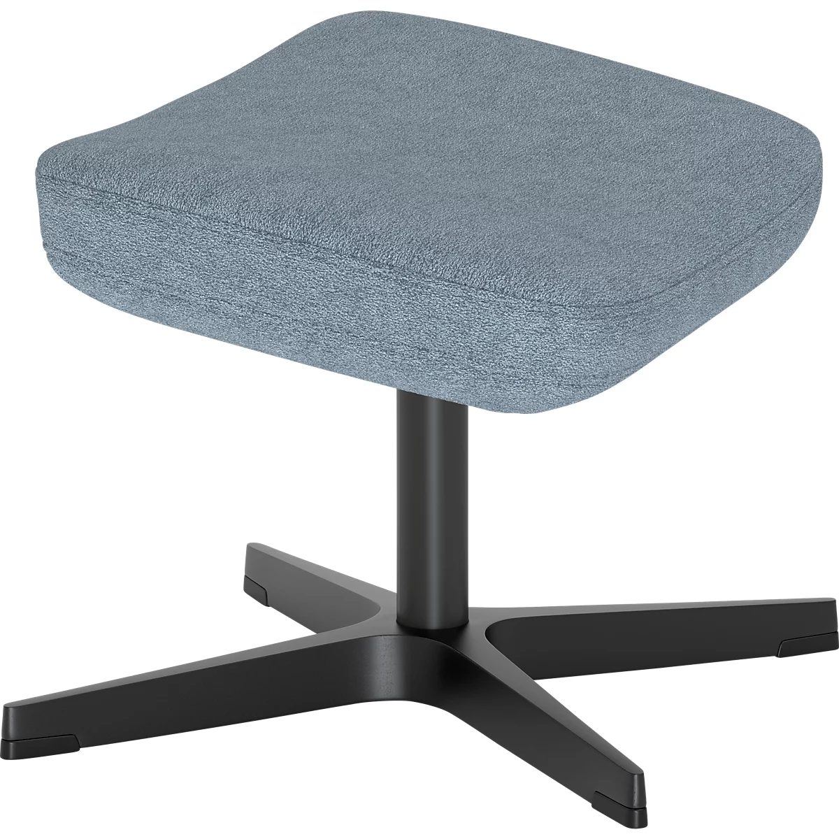 Ein hellblauer, quadratischer Fußhocker auf einem schwarzen, vierbeinigen Drehkreuz-Gestell.
