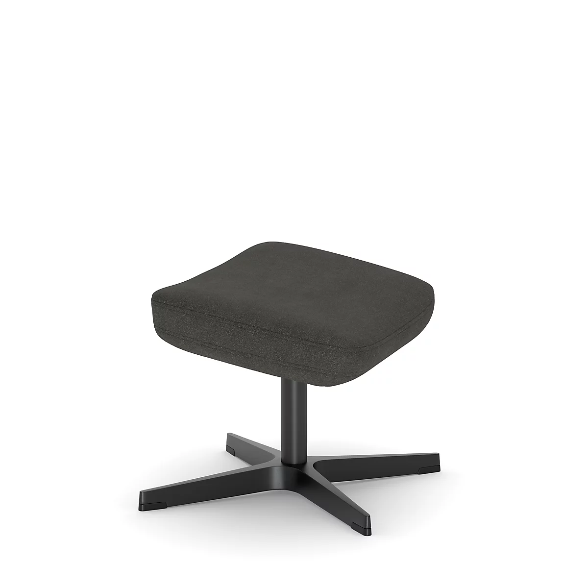 Dunkelgrauer Hocker mit Stoffbezug, auf schwarzem, sternförmigen Fuß.