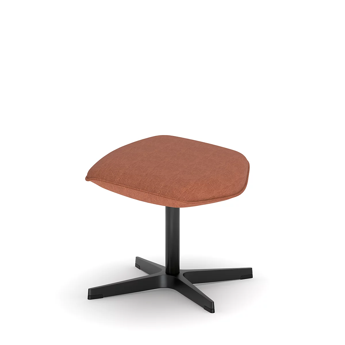 Hocker mit rostfarbenem Stoffbezug, schwarzem Gestell, freigestellt vor weißem Hintergrund.
