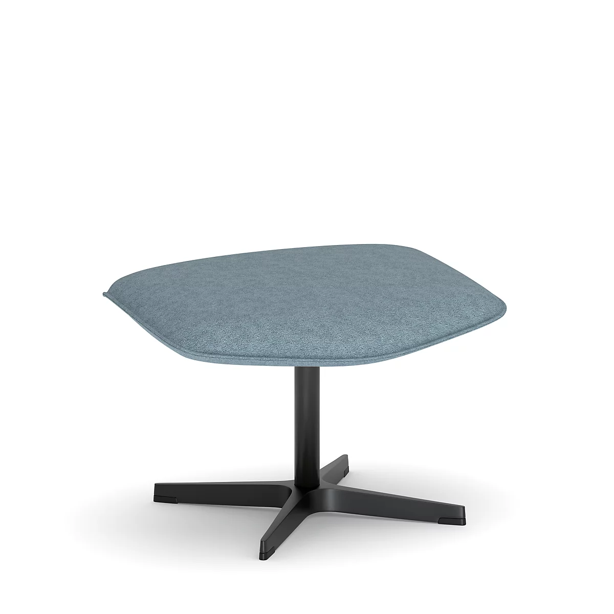 Ein blauer Hocker mit schwarzem Fußgestell vor weißem Hintergrund.