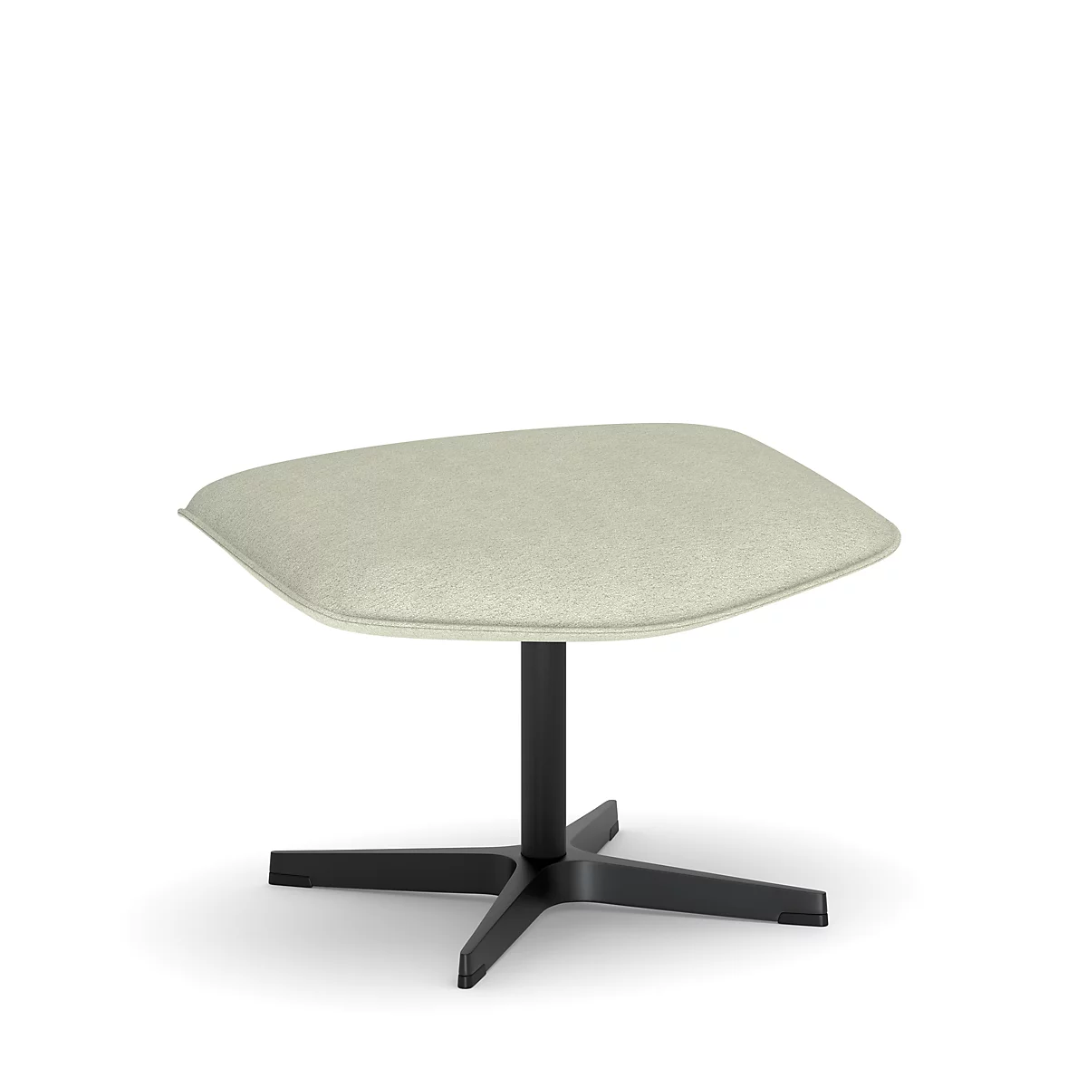 Ein gepolsterter, quadratischer Hocker mit schwarzem Fußkreuz, vor weißem Hintergrund.