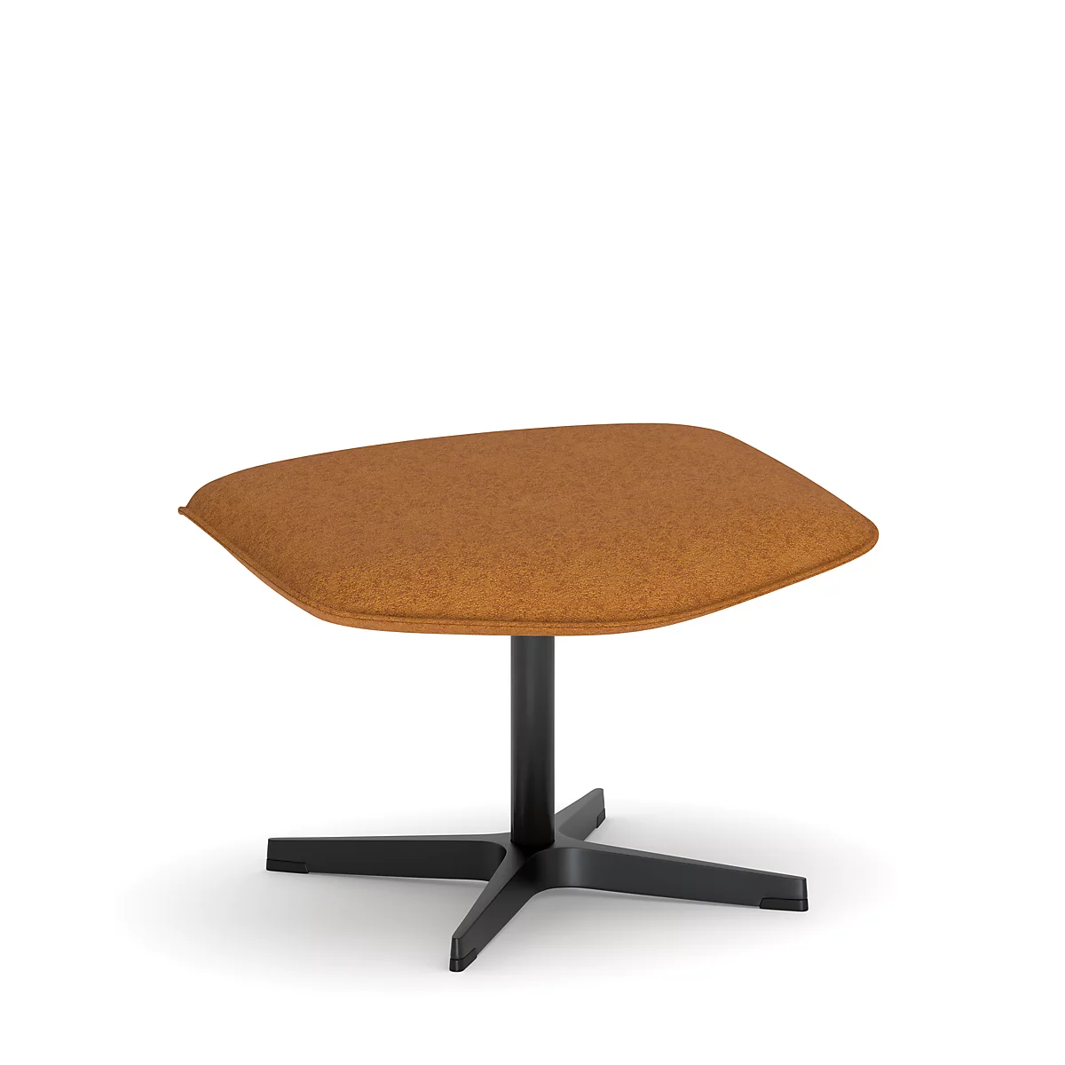 Hocker mit senffarbenem Sitz und schwarzem Fußgestell. Eckiger, gepolsterter Sitz, zentraler Schaft, vierbeinige Basis.