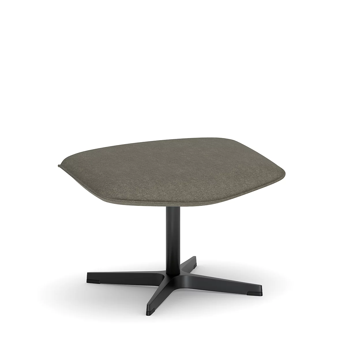 Ein grauer Hocker mit Stoffbezug, auf schwarzem, sternförmigen Fuß. Der Hocker steht vor weißem Hintergrund.