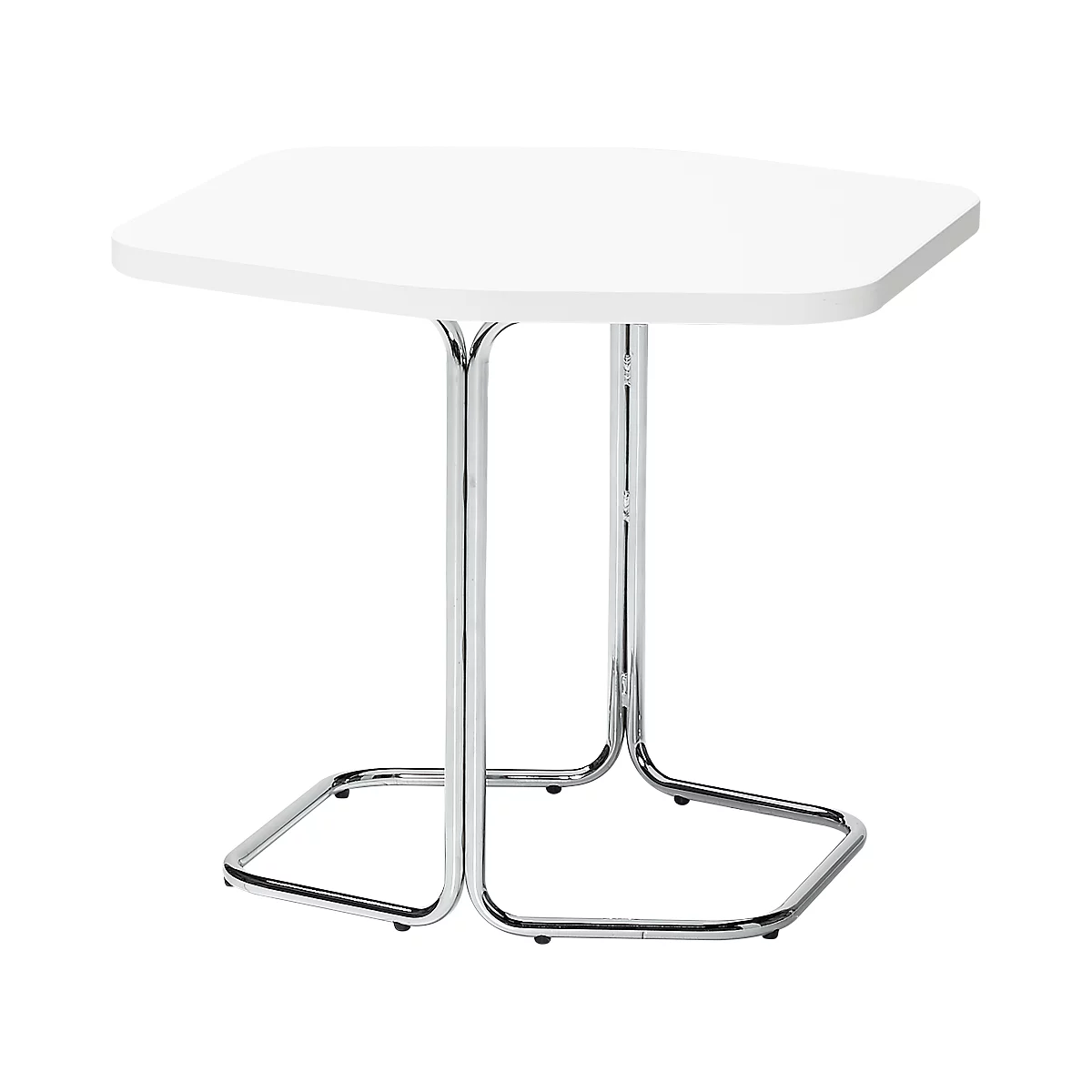 Weißer Beistelltisch mit rechteckiger Tischplatte. Chromfarbenes Gestell, vierbeinige Basis.