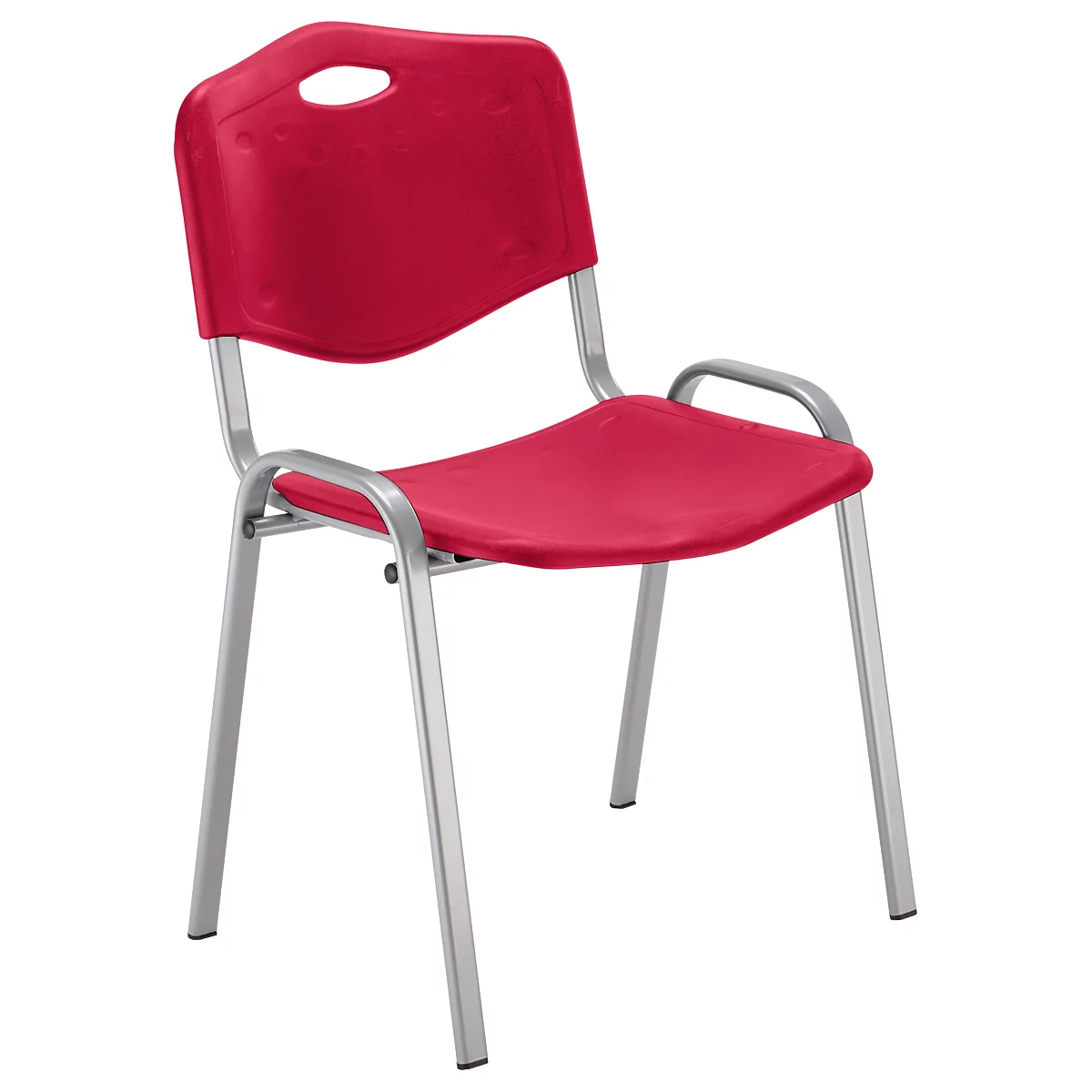 Roter Stuhl mit silbernem Rahmen. Die Rückenlehne hat ein Loch, die Sitzfläche ist gewölbt.