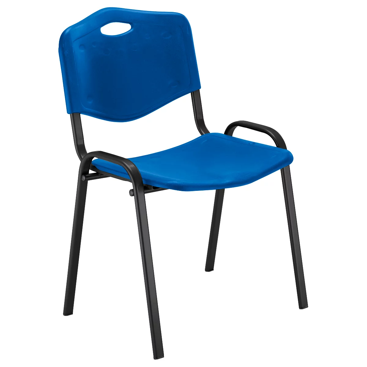 Blauer, stapelbarer Stuhl mit schwarzem Gestell. Sitzfläche und Rückenlehne sind aus Kunststoff.