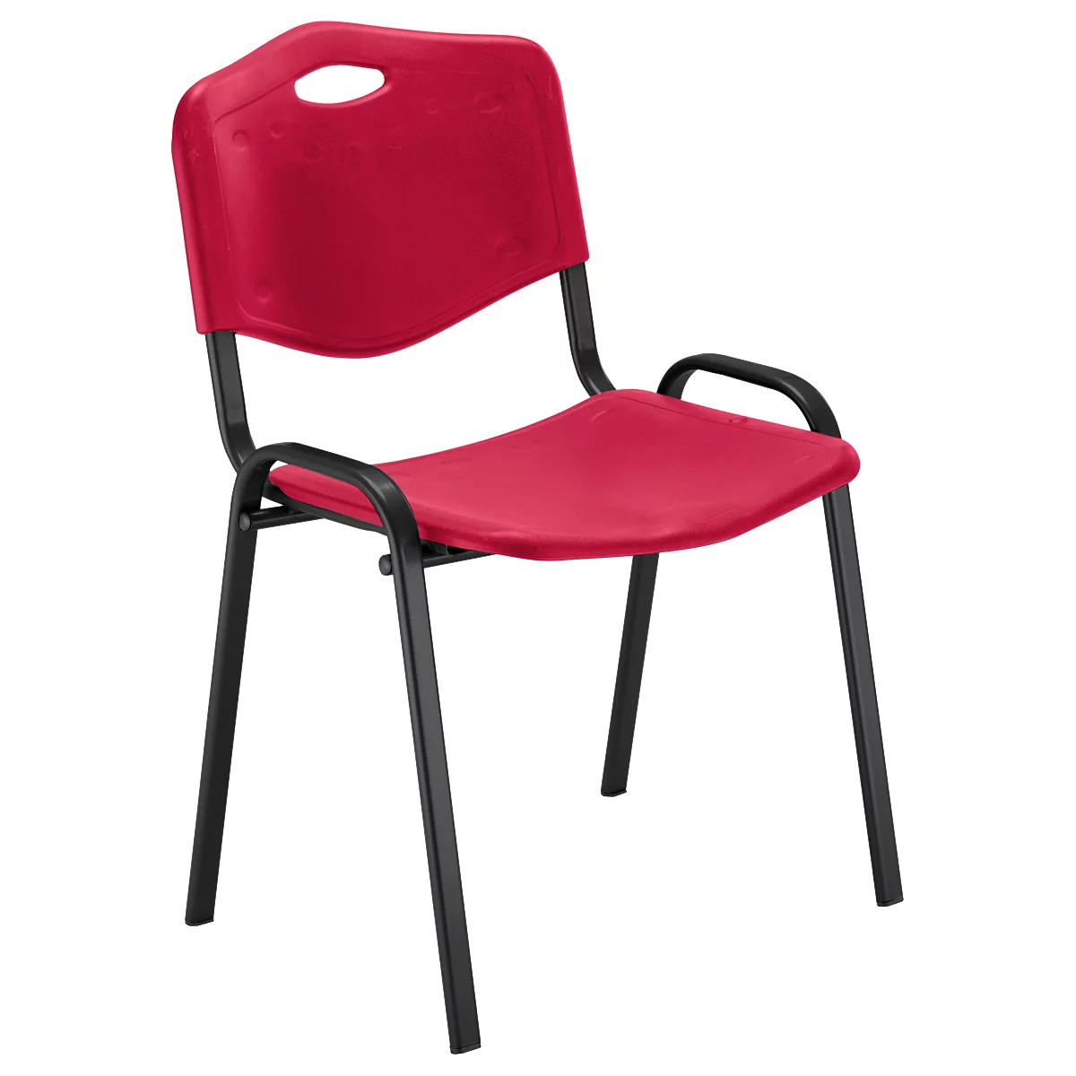 Roter Stuhl mit schwarzen Metallbeinen. Die Sitzfläche und Rückenlehne sind aus Kunststoff.