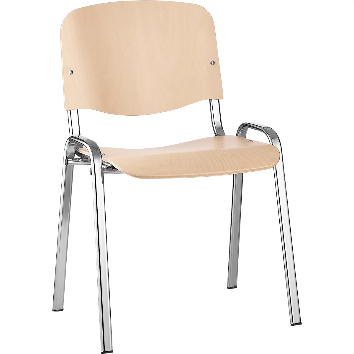Ein Stuhl aus Holz und Metall in hellem Beige und Silber. Die Rückenlehne ist leicht geschwungen.