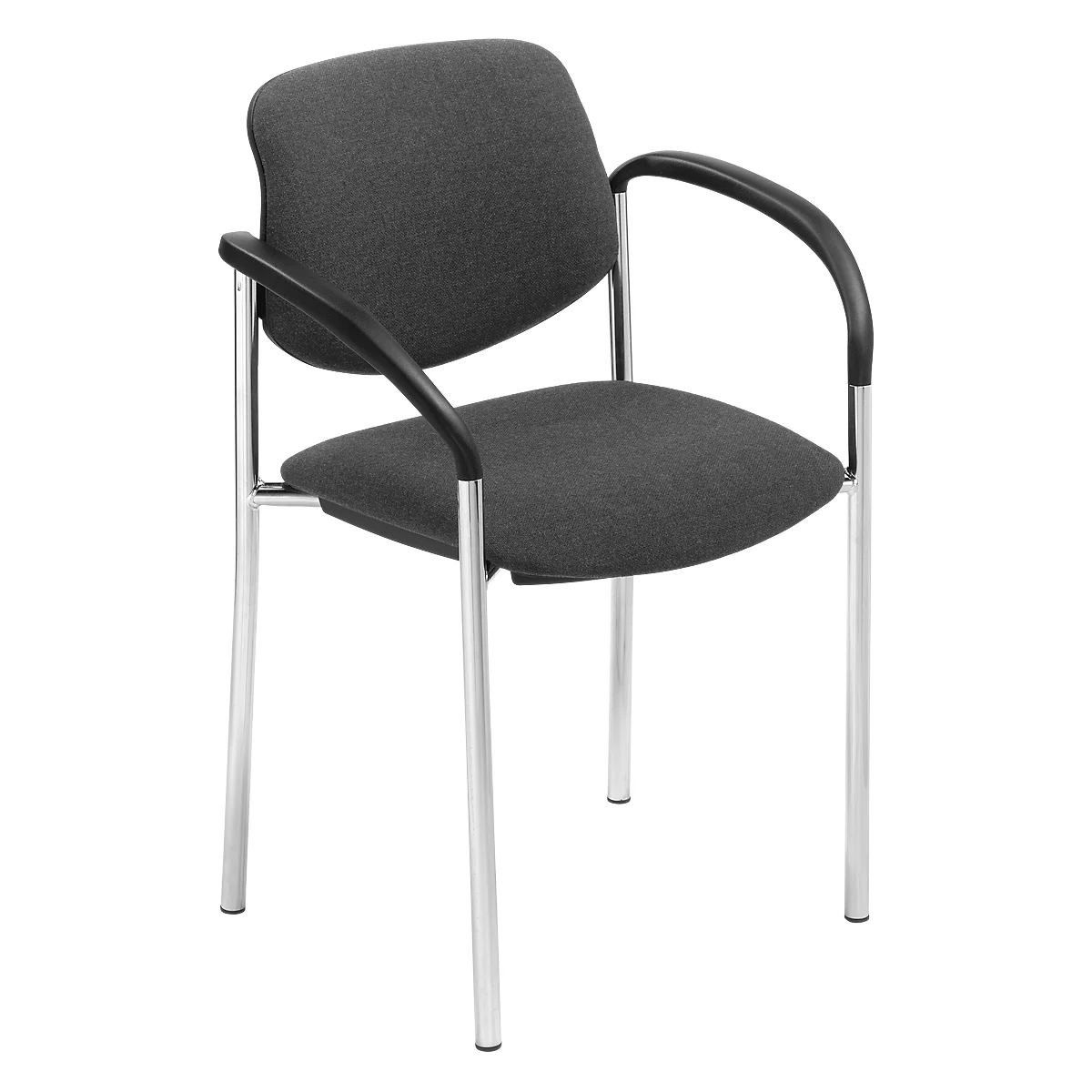 Ein Bürostuhl mit grauer Polsterung, schwarzen Armlehnen und verchromten Beinen.