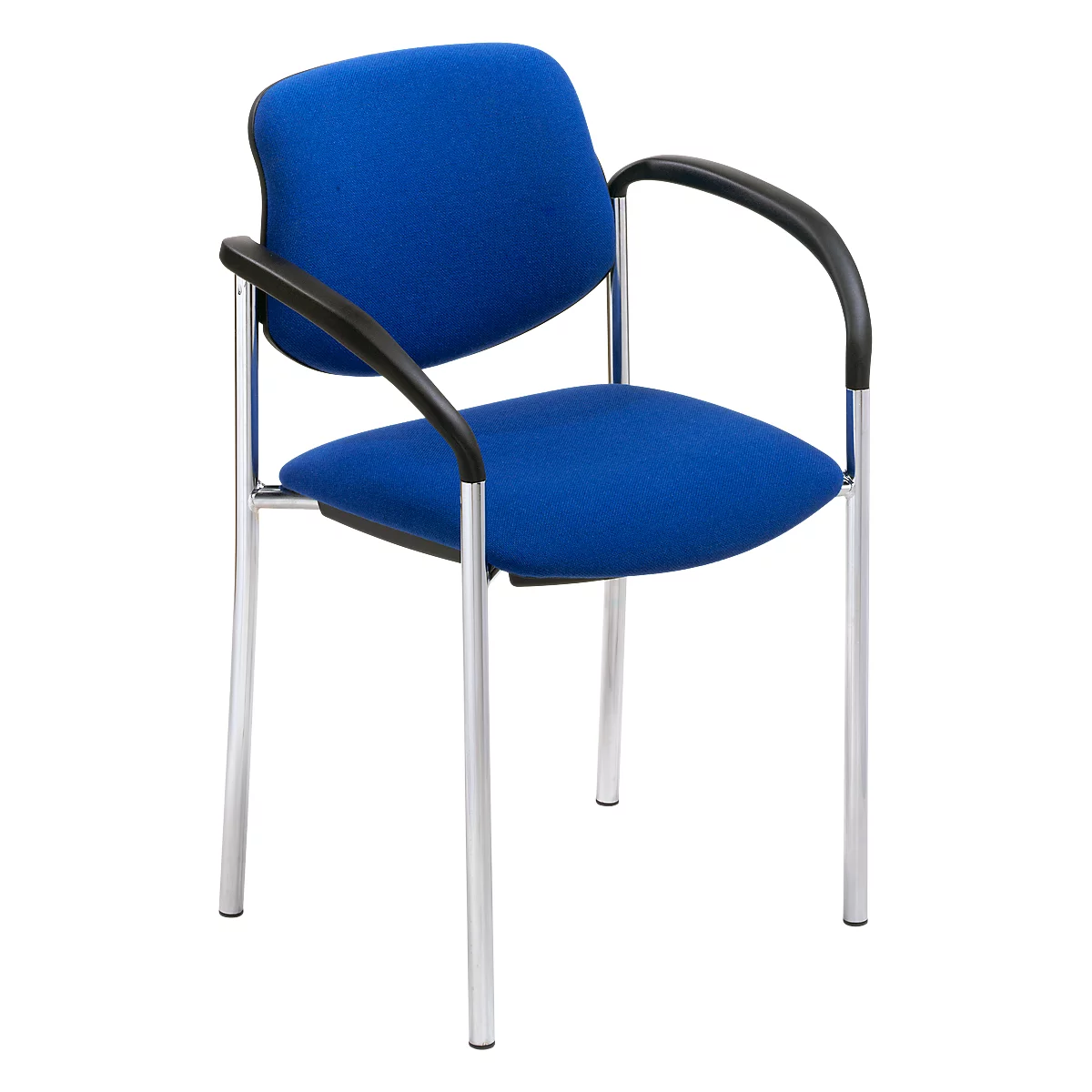 Blauer Bürostuhl mit schwarzen Armlehnen und silbernen Beinen.
