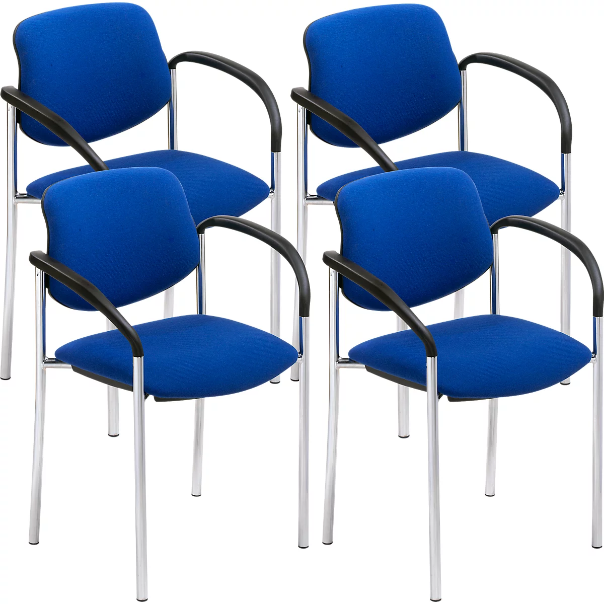 Blaue Bürostühle, mit schwarzen Armlehnen und silbernen Beinen. Vier Stühle sind im Bild zu sehen.