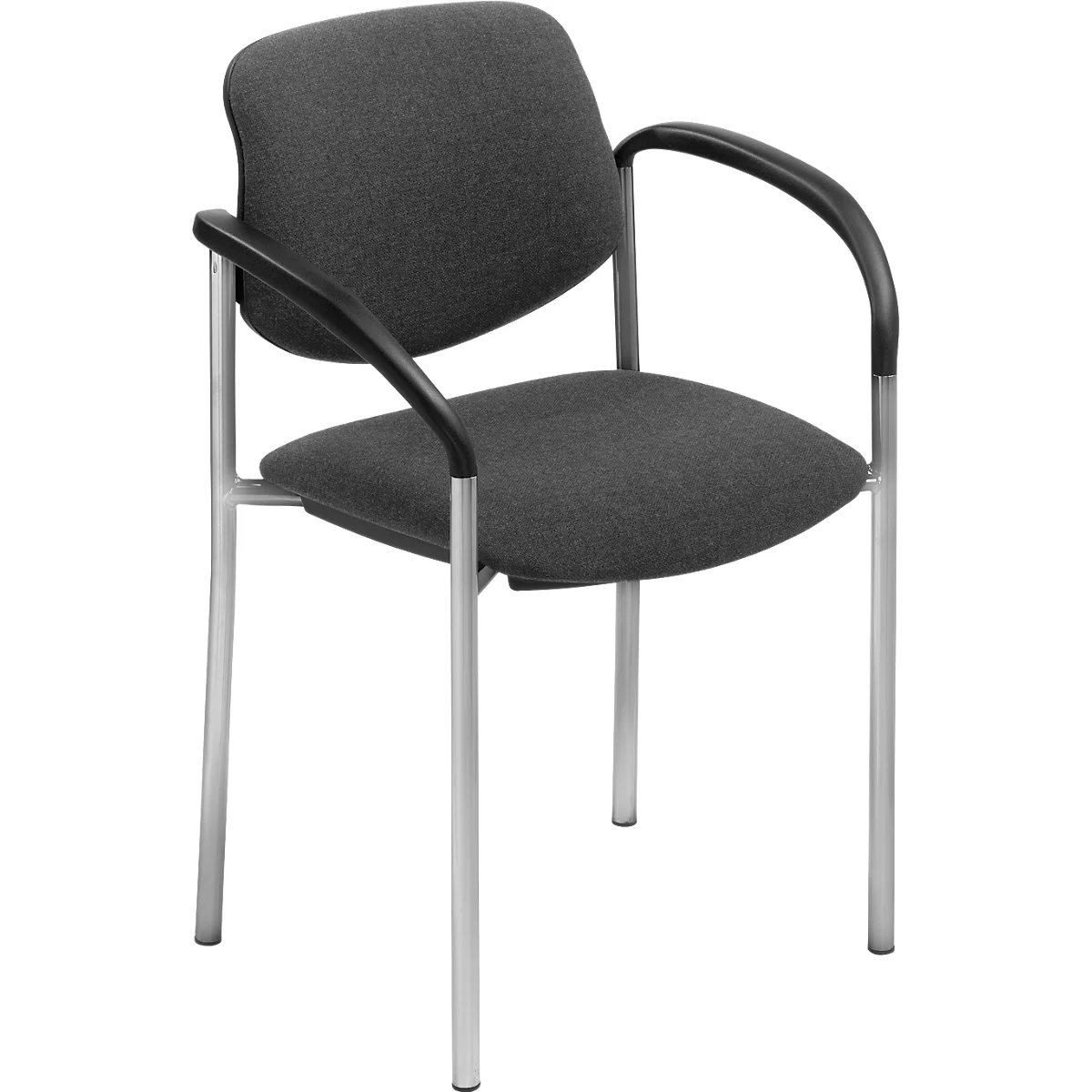 Ein grauer Bürostuhl mit Armlehnen, Metallbeinen und einer gepolsterten Sitzfläche.