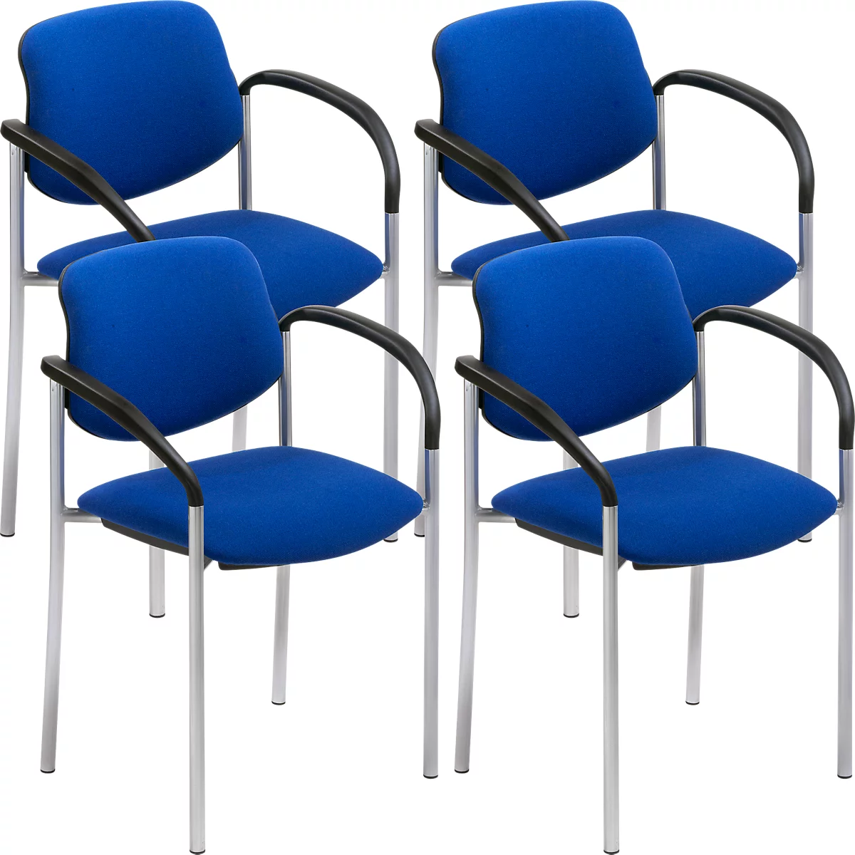 Mehrere blaue Bürostühle mit schwarzen Armlehnen und silbernen Beinen.
