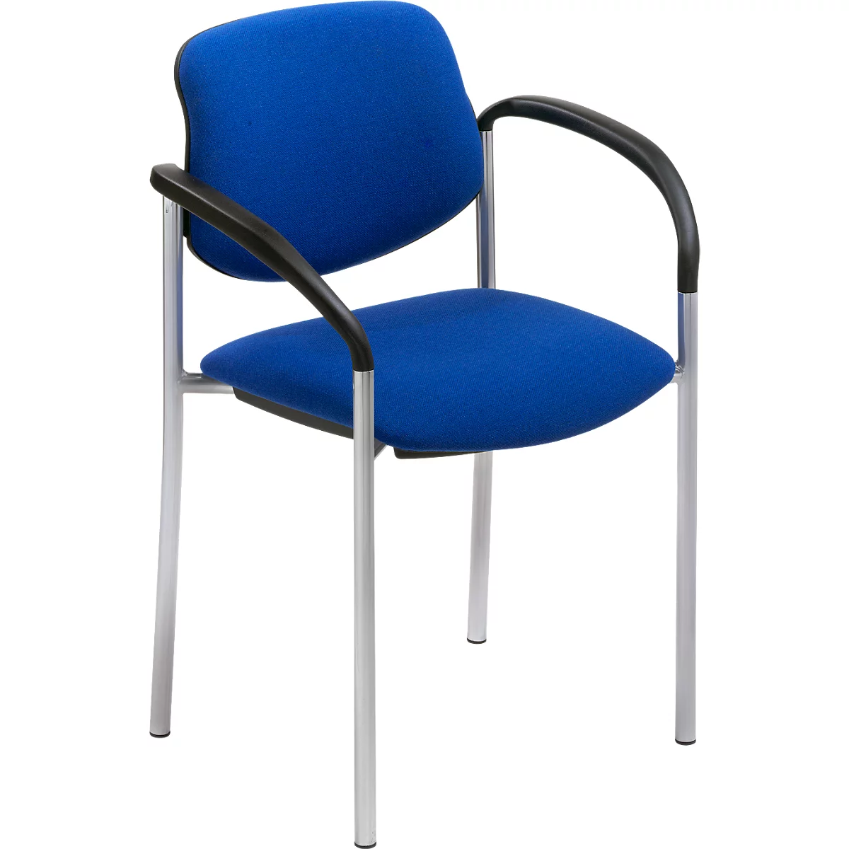 Blauer Bürostuhl mit Armlehnen. Metallgestell und schwarze Armauflagen.