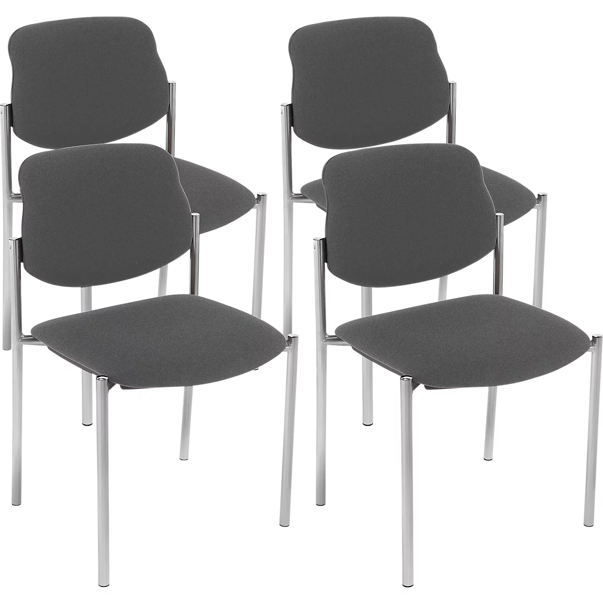 Mehrere graue Stühle mit silbernen Beinen stehen im Bild. Die Stühle haben ein schlichtes Design und sind für den Innenbereich geeignet.