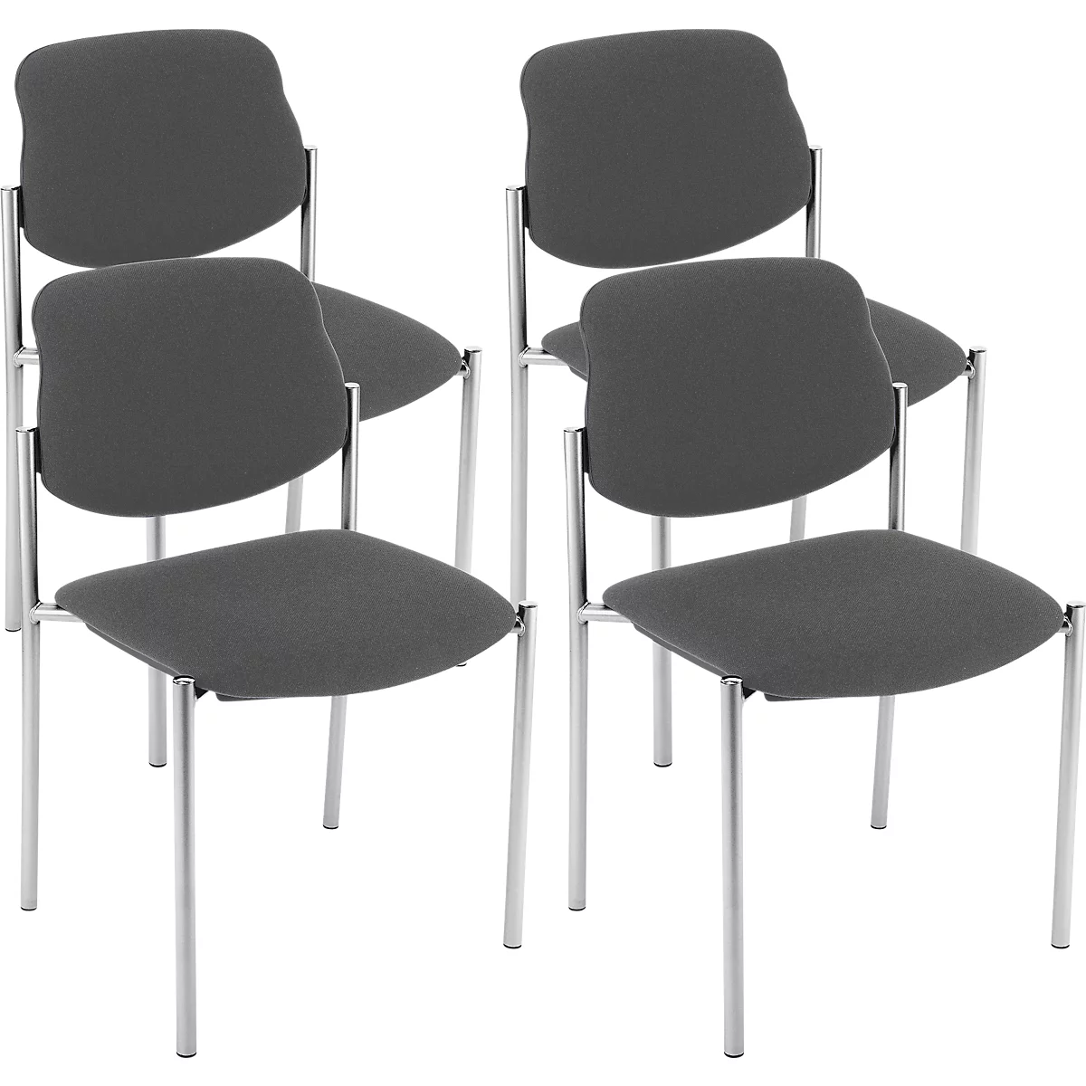 Graue Stühle, vier im Bild, mit silbernen Beinen und Sitzfläche.