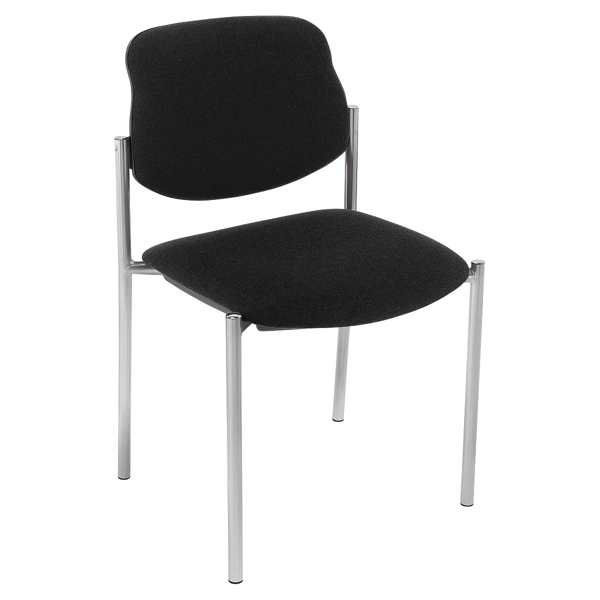 Schwarzer Stuhl mit silbernen Beinen. Die Sitzfläche und die Lehne sind gepolstert.