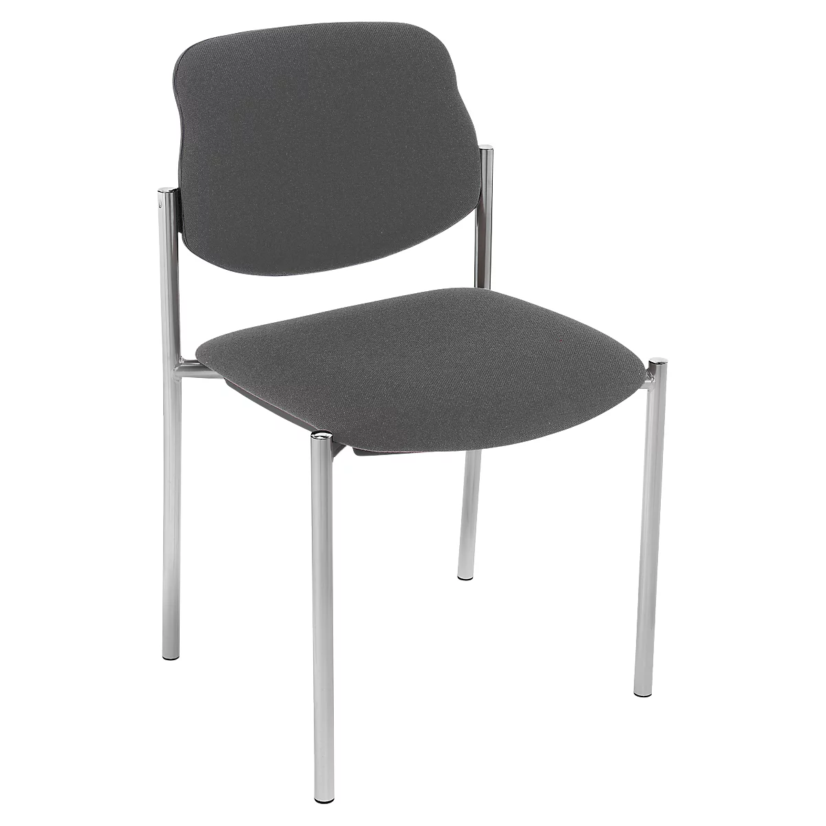 Grauer Stuhl mit gepolsterten Sitz und Rückenlehne, Metallgestell.