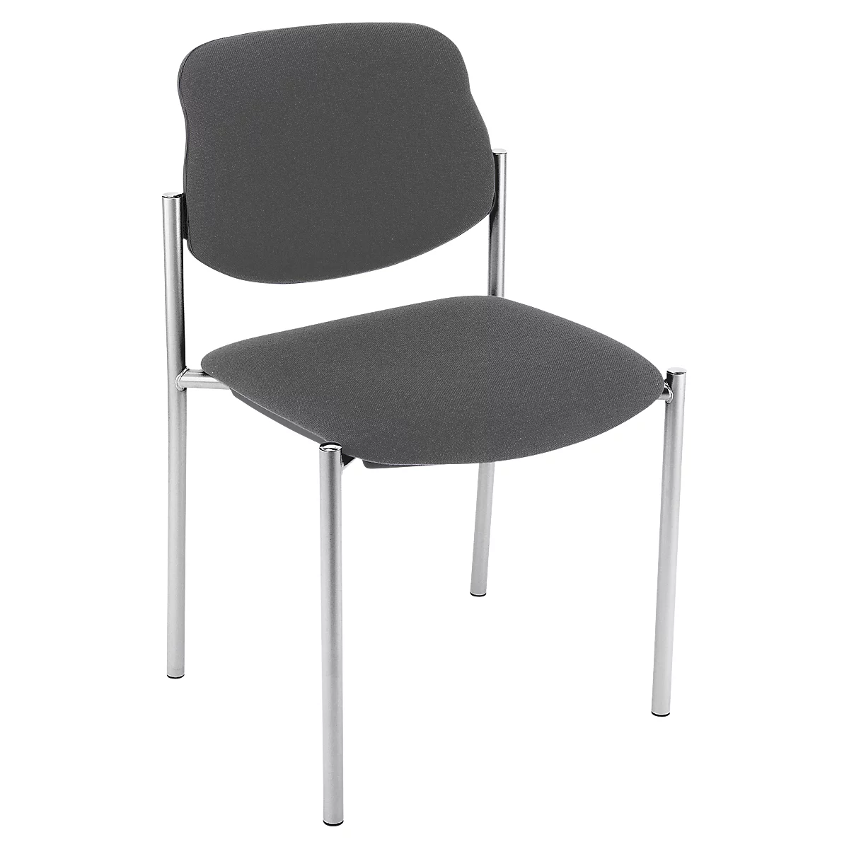 Grauer Stoffstuhl mit Metallbeinen. Die Rückenlehne ist geschwungen, die Sitzfläche leicht abgerundet.
