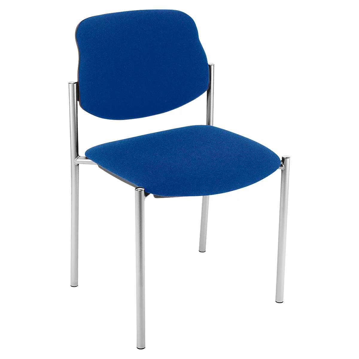 Blauer Bürostuhl mit silbernem Gestell und geschwungener Rückenlehne. Der Sitz hat eine quadratische Form.