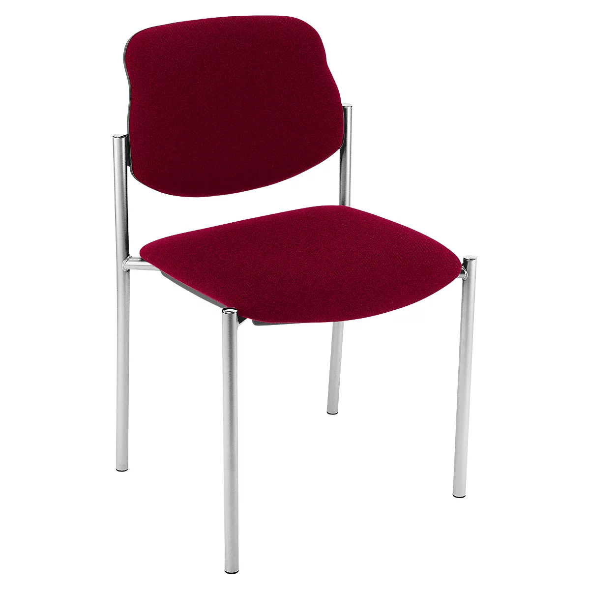 Ein Stuhl mit rotem Stoffbezug und silbernen Beinen. Die Rückenlehne ist ergonomisch geformt.