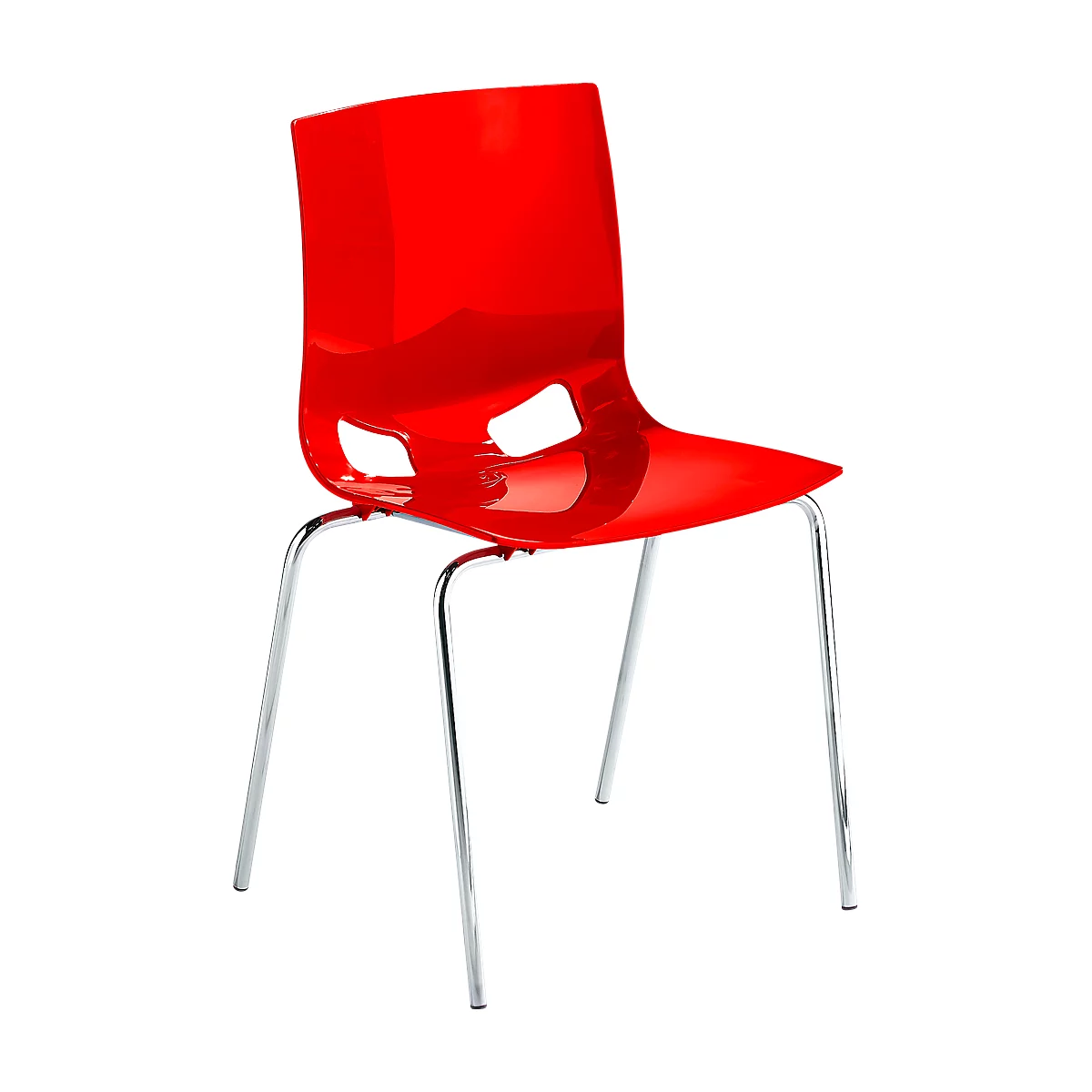 Roter Stuhl aus Kunststoff mit Chrombeinen, zwei Löchern in der Rückenlehne.