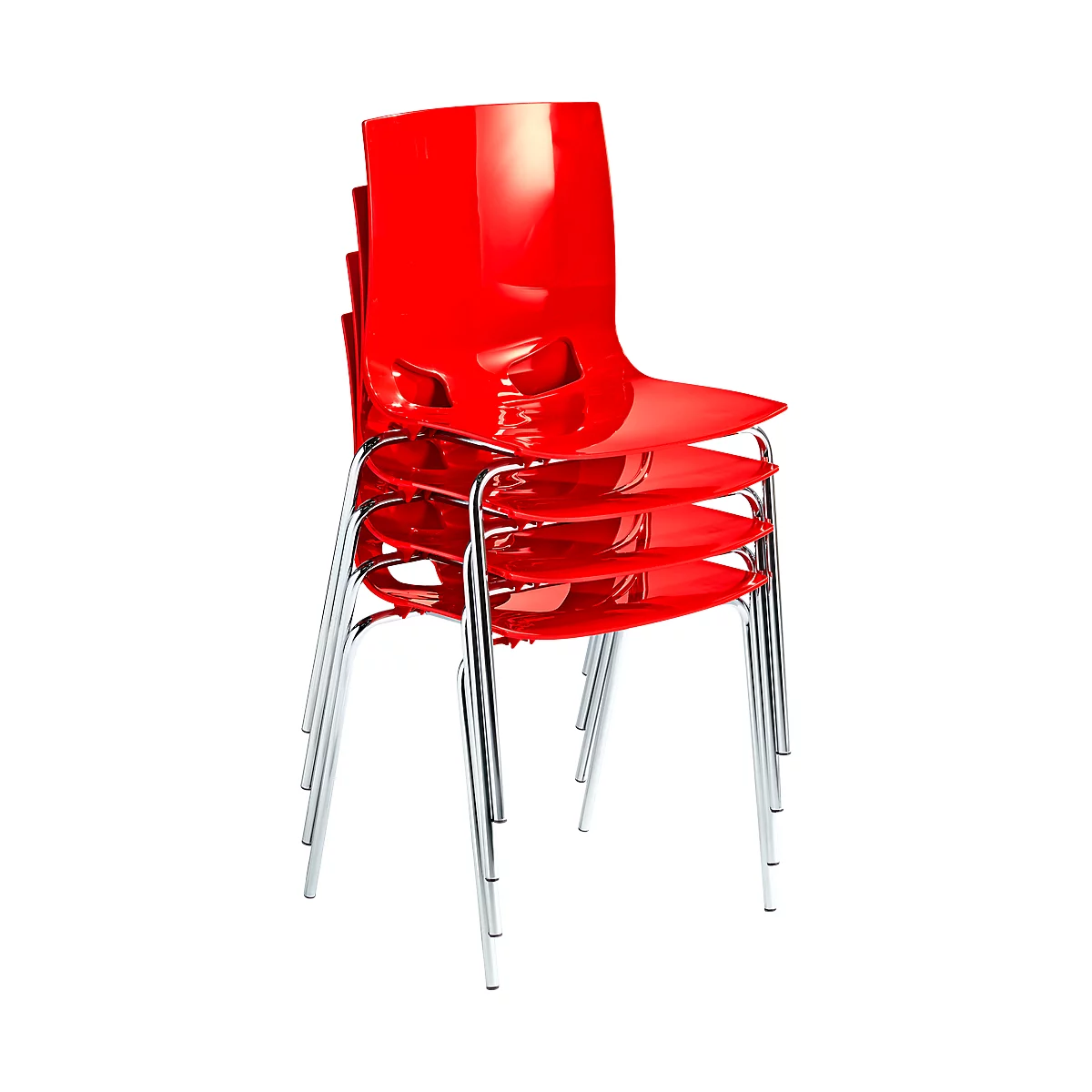 Gestapelte, rote Stühle mit Chrombeinen. Der Sitz hat eine ergonomische Form.