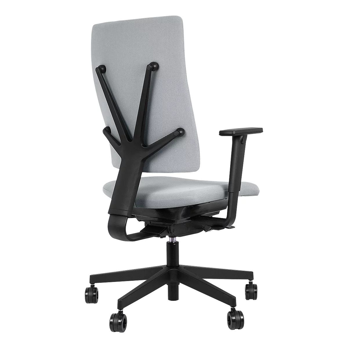 Bürostuhl mit grauer Rückenlehne und Sitzfläche. Schwarzes Gestell, Armlehnen, und Rollen.