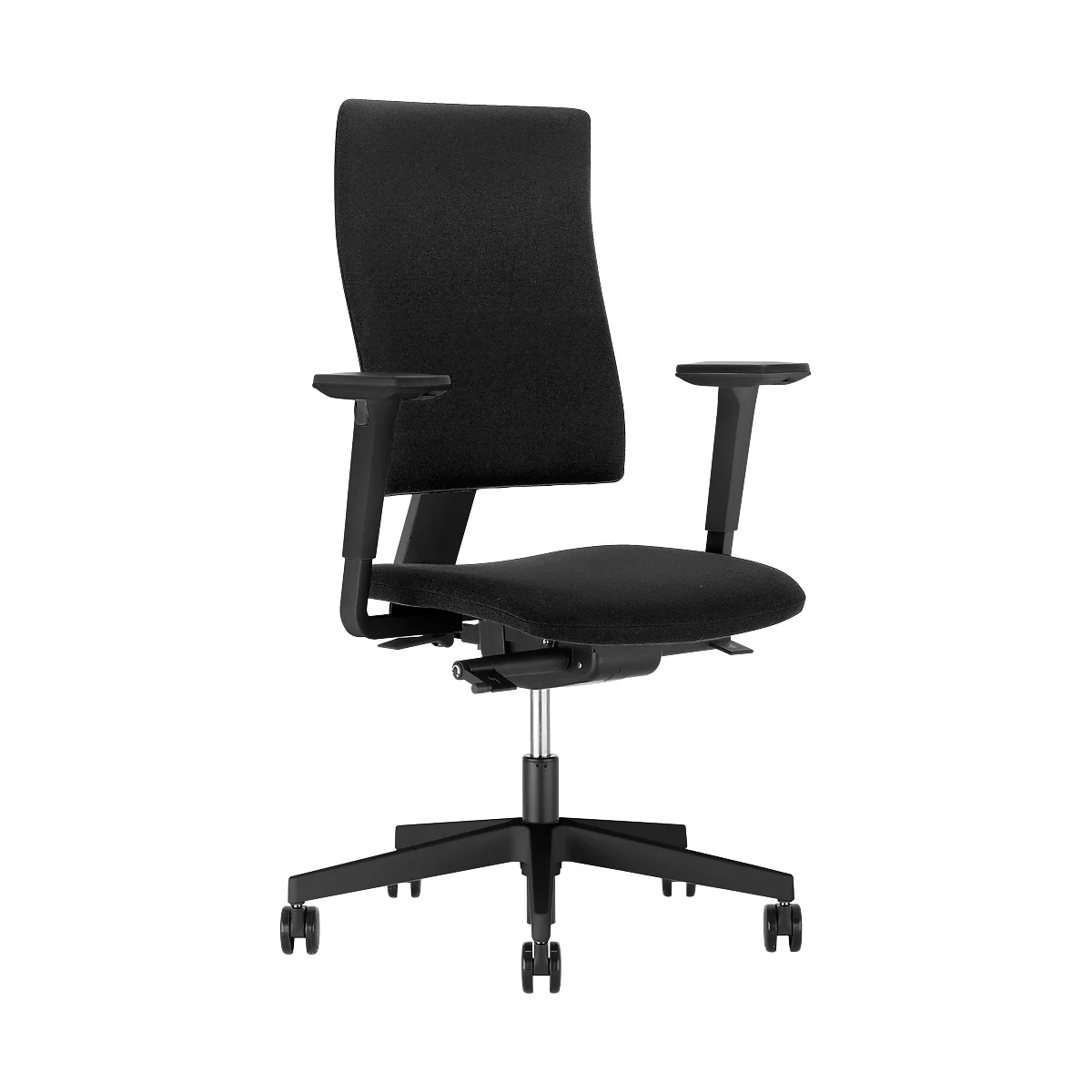 Schwarzer Bürostuhl mit Rückenlehne, Armlehnen und Rollen.