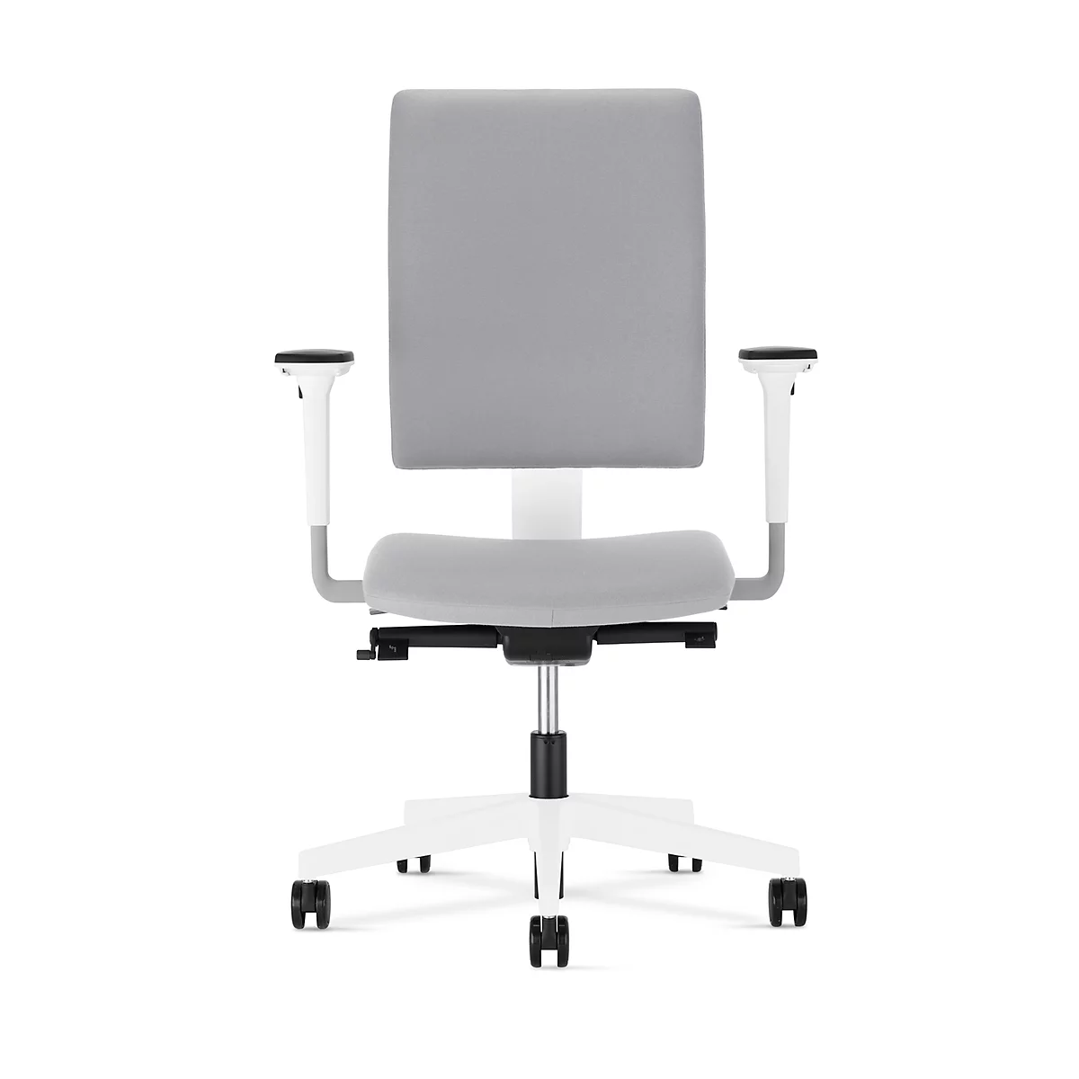 Bürostuhl mit grauer Sitzfläche, Rückenlehne und Armlehnen, weißem Gestell und Rollen.