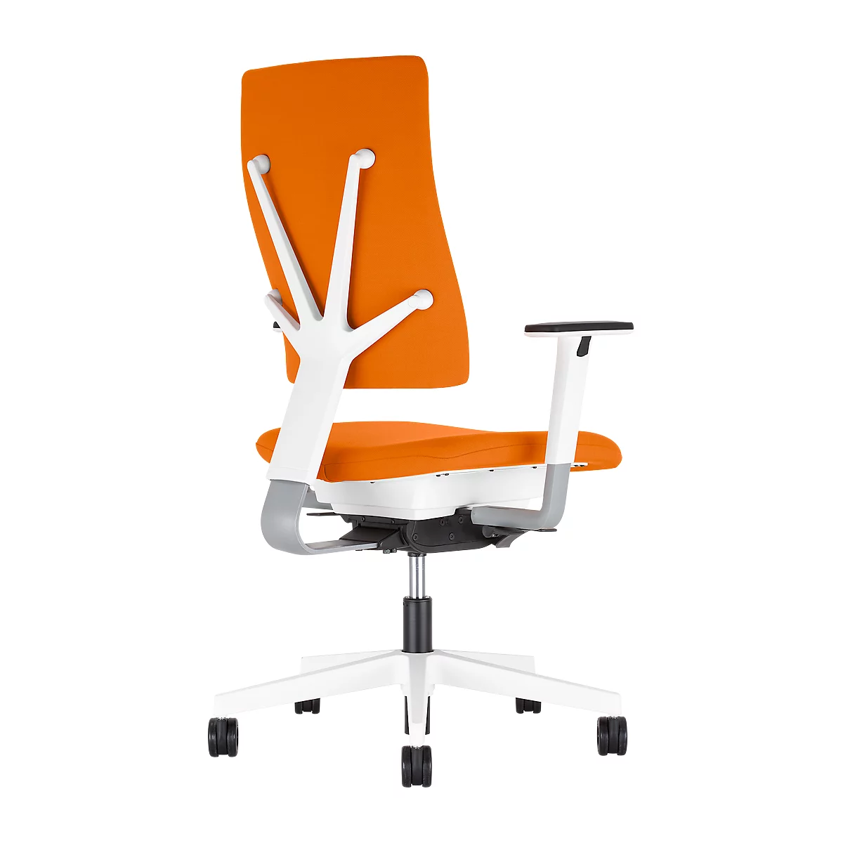 Bürostuhl, orangefarbene Lehne und Sitzfläche, weißes Gestell.
