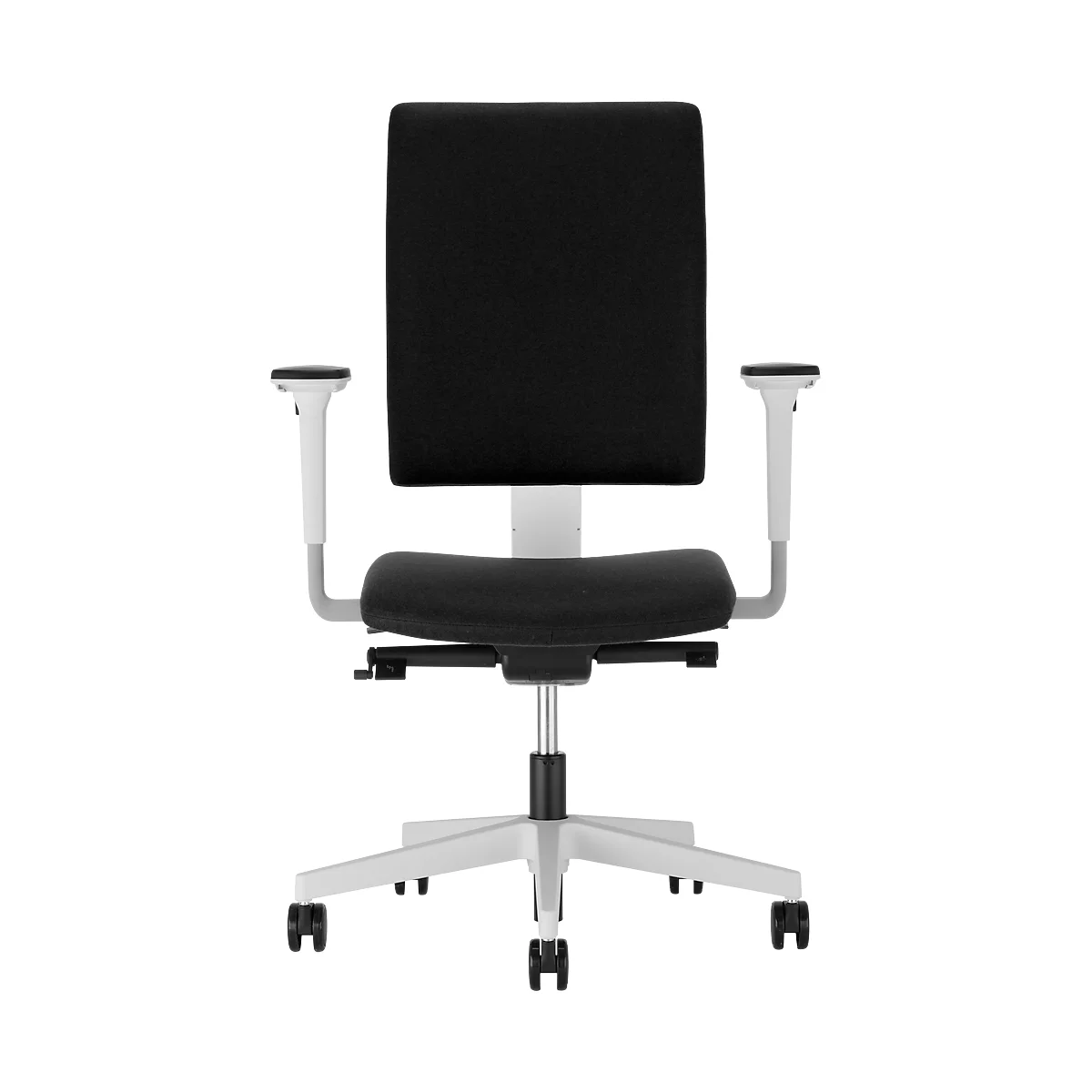 Bürostuhl mit schwarzer Sitzfläche und Rückenlehne, weißen Armlehnen und Beinen.