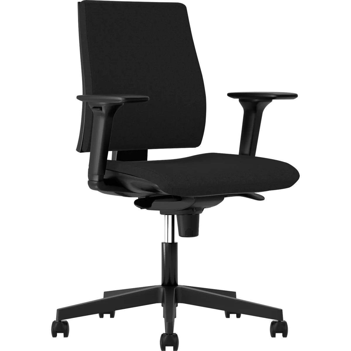 Schwarze, höhenverstellbare Armlehne eines Bürostuhls vor weißem Hintergrund.